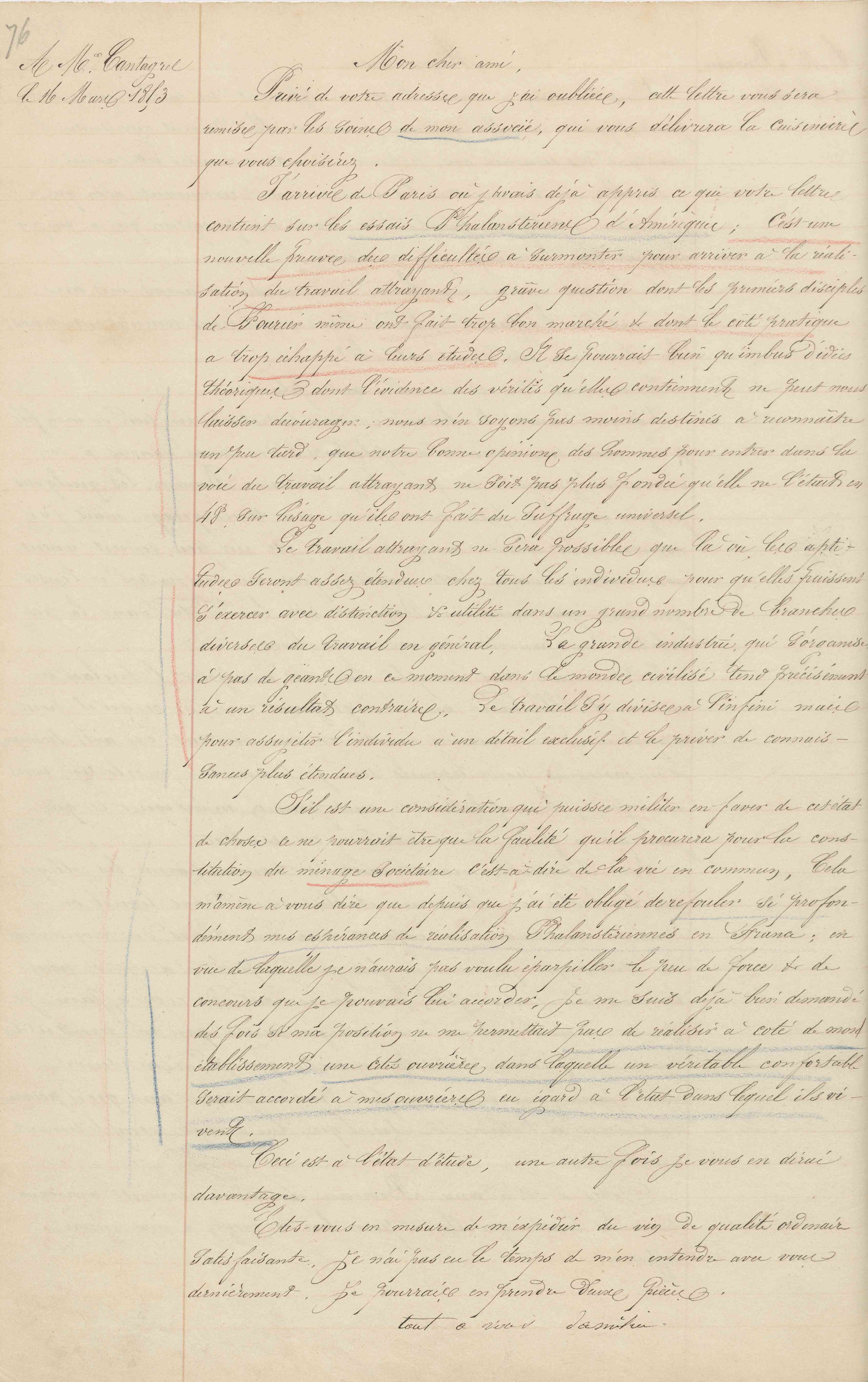 Jean-Baptiste André Godin à François Cantagrel, 16 mars 1853