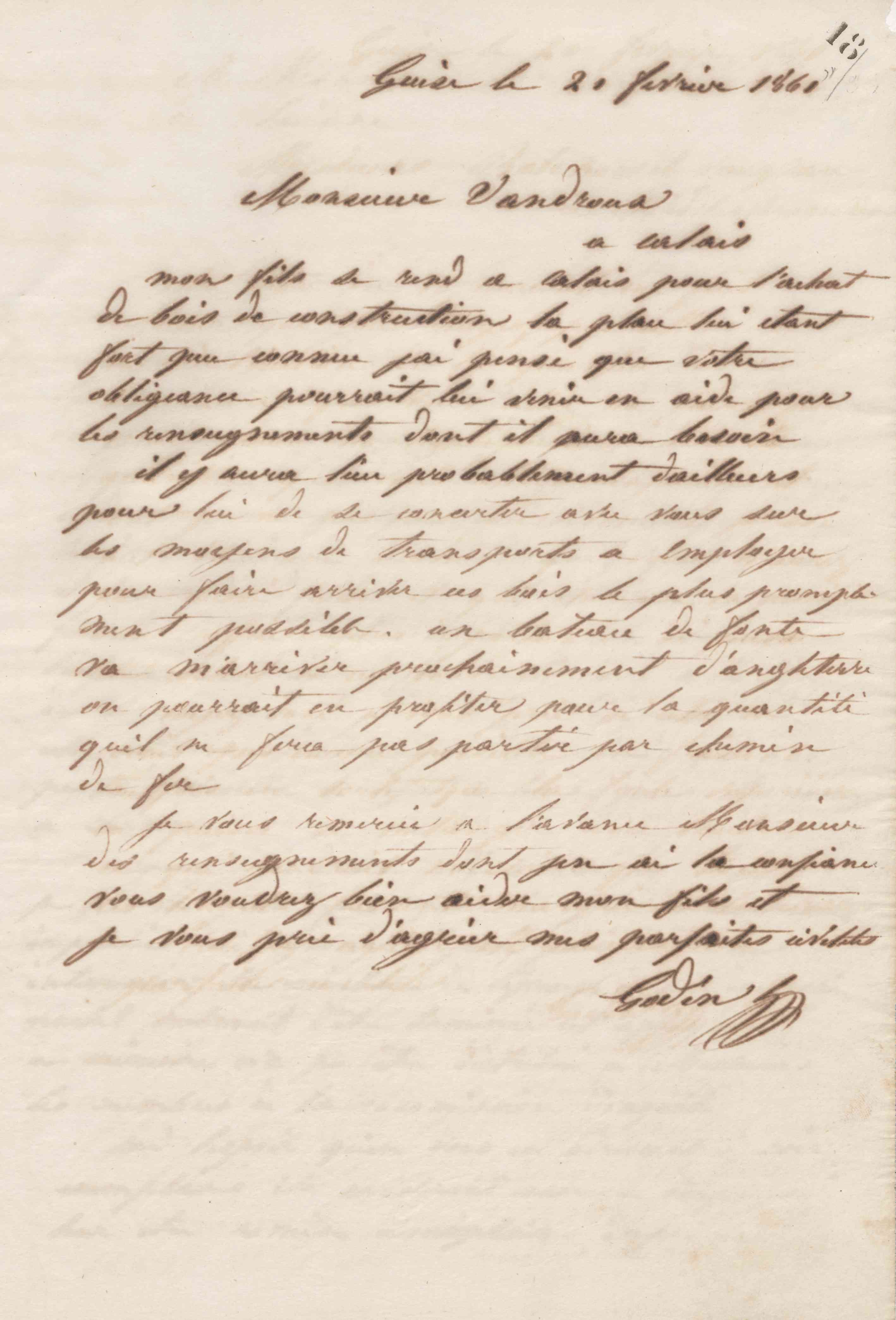 Jean-Baptiste André Godin à monsieur Vandroux, 21 février 1861 Jean-Baptiste André Godin à monsieur Vandroux, 21 février 1861