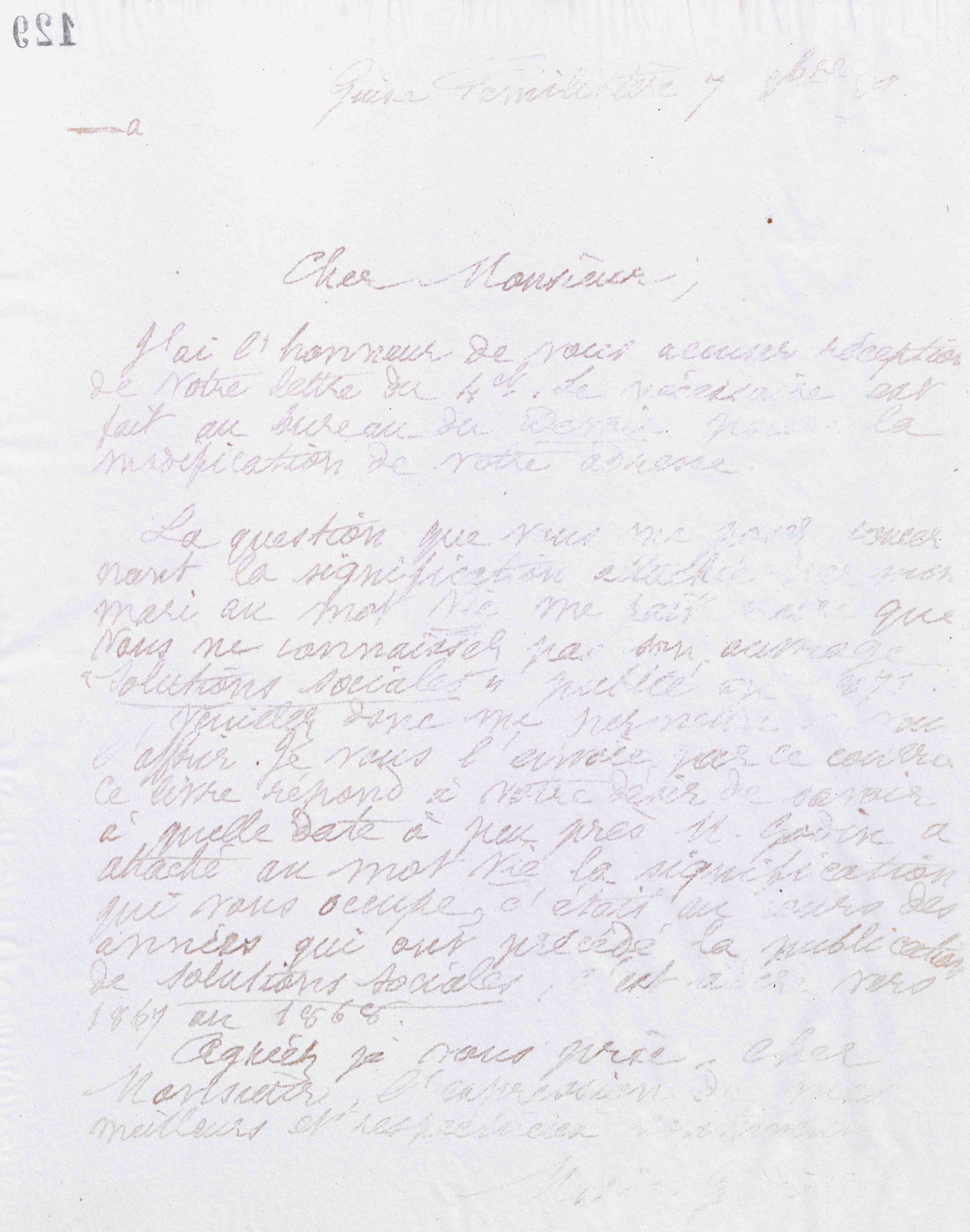 Marie Moret à Charles Lemonnier, 7 octobre 1889