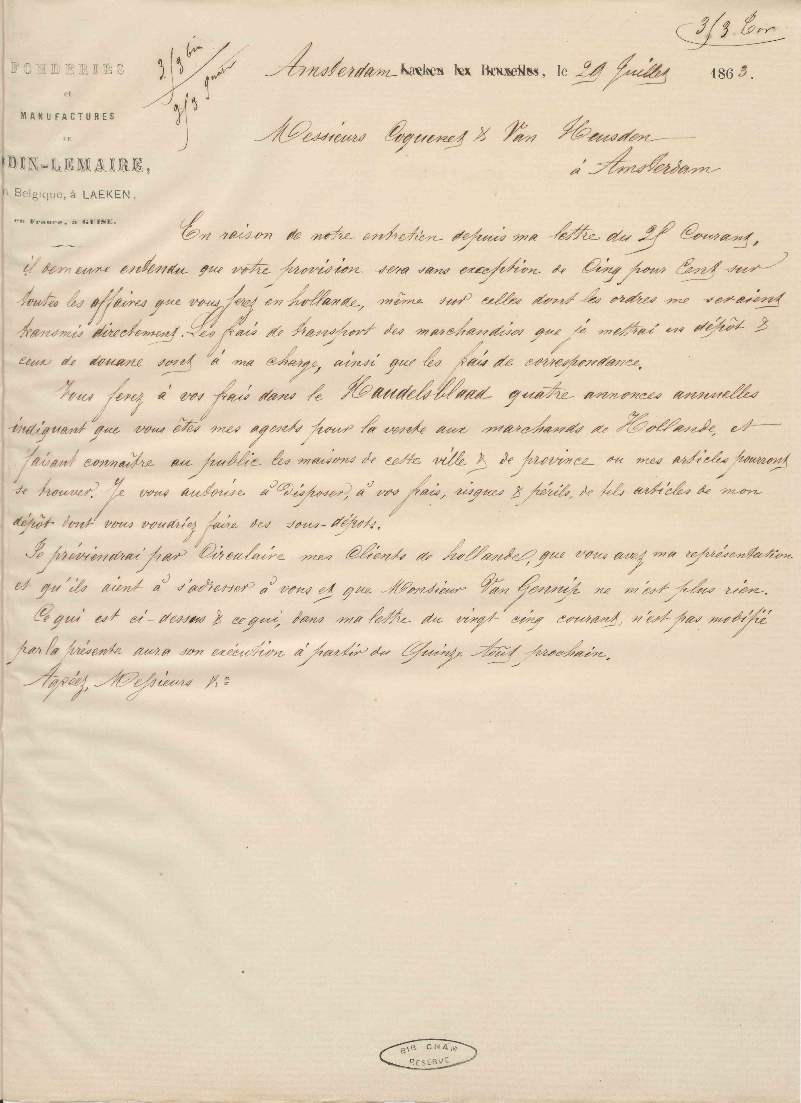 Jean-Baptiste André Godin à messieurs Coquenet et Van Heusden, 29 juillet 1863