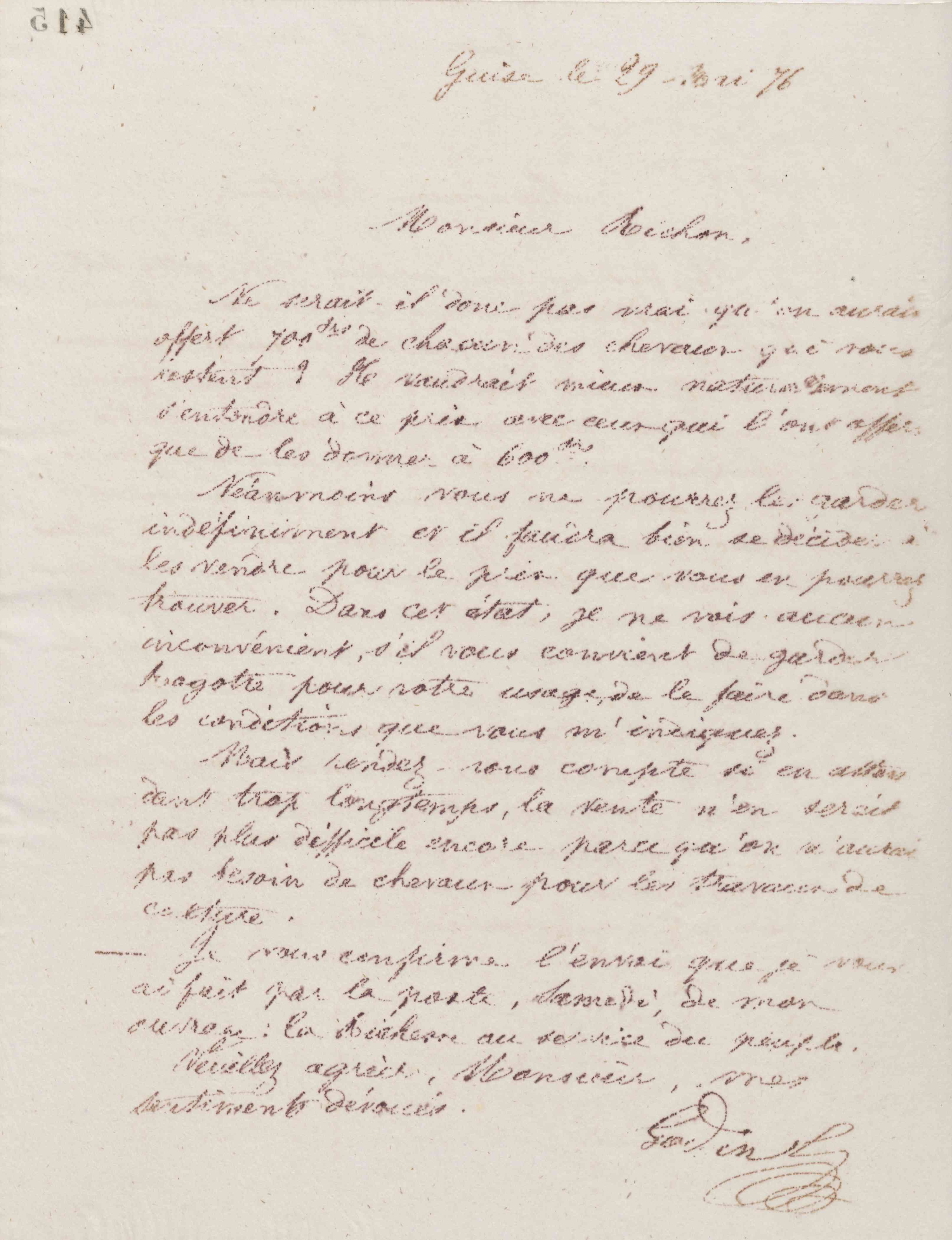 Jean-Baptiste André Godin à monsieur Richon, 29 mai 1876