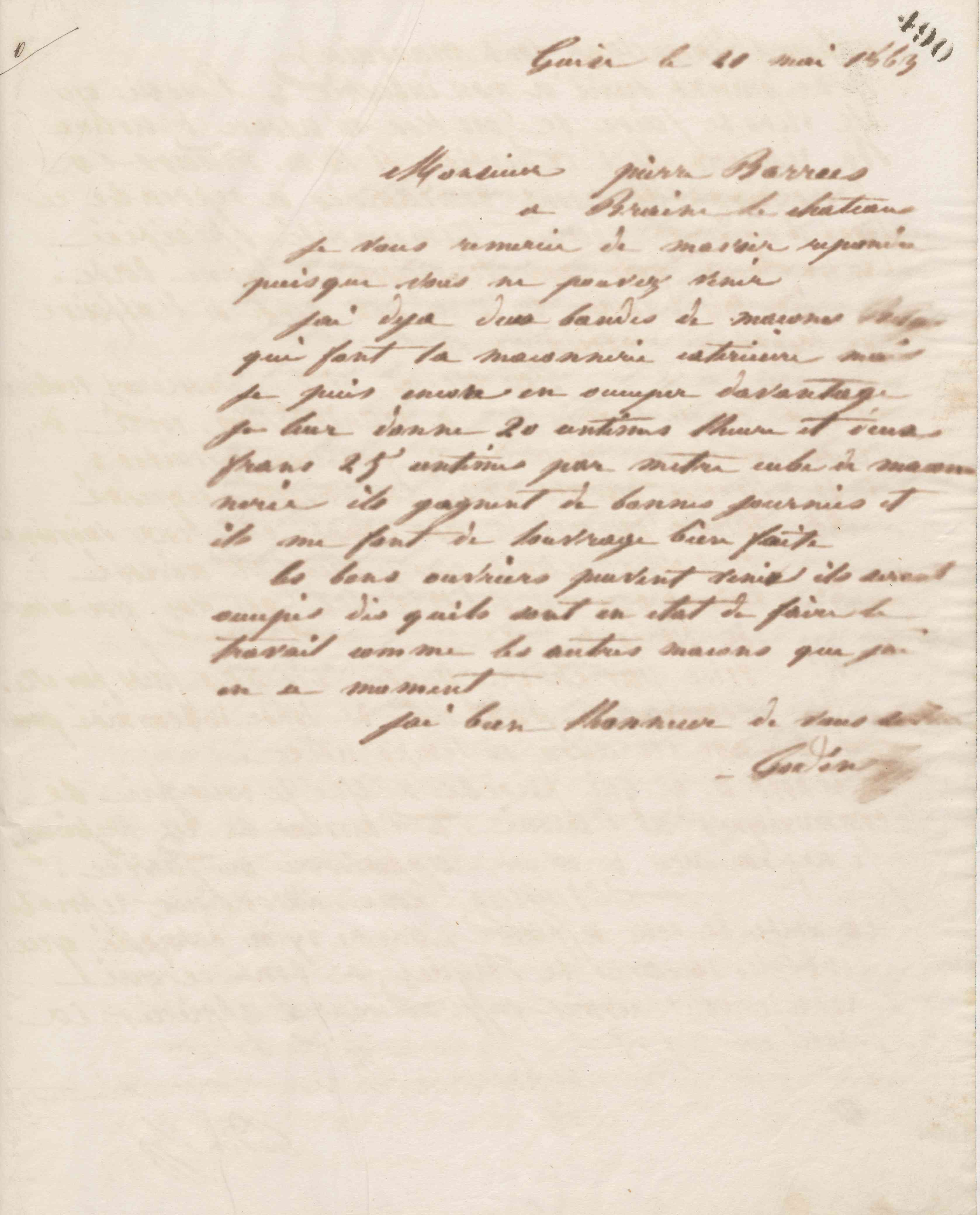 Jean-Baptiste André Godin à Pierre Barras, 20 mai 1863