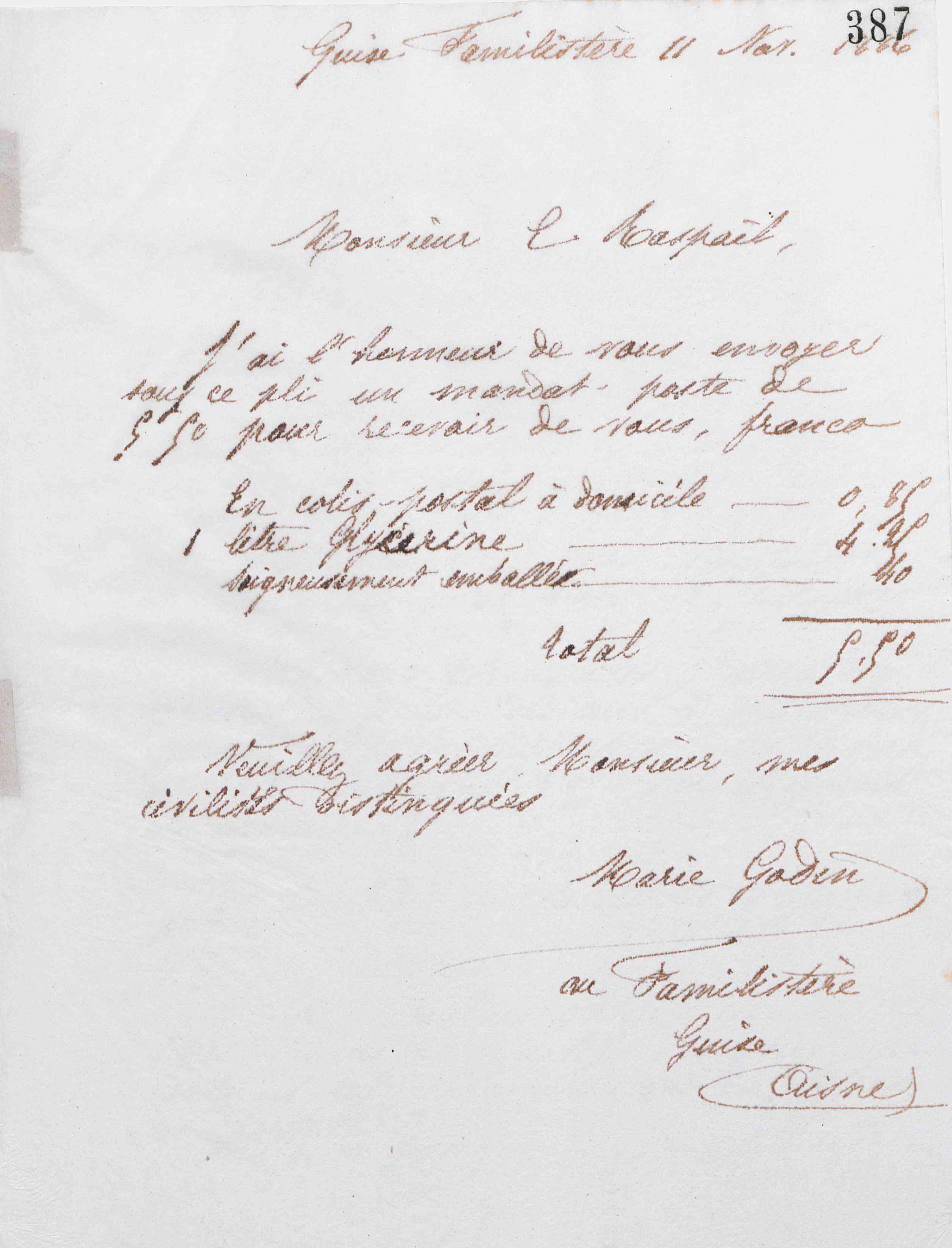 Marie Moret à Émile Raspail, 11 novembre 1886