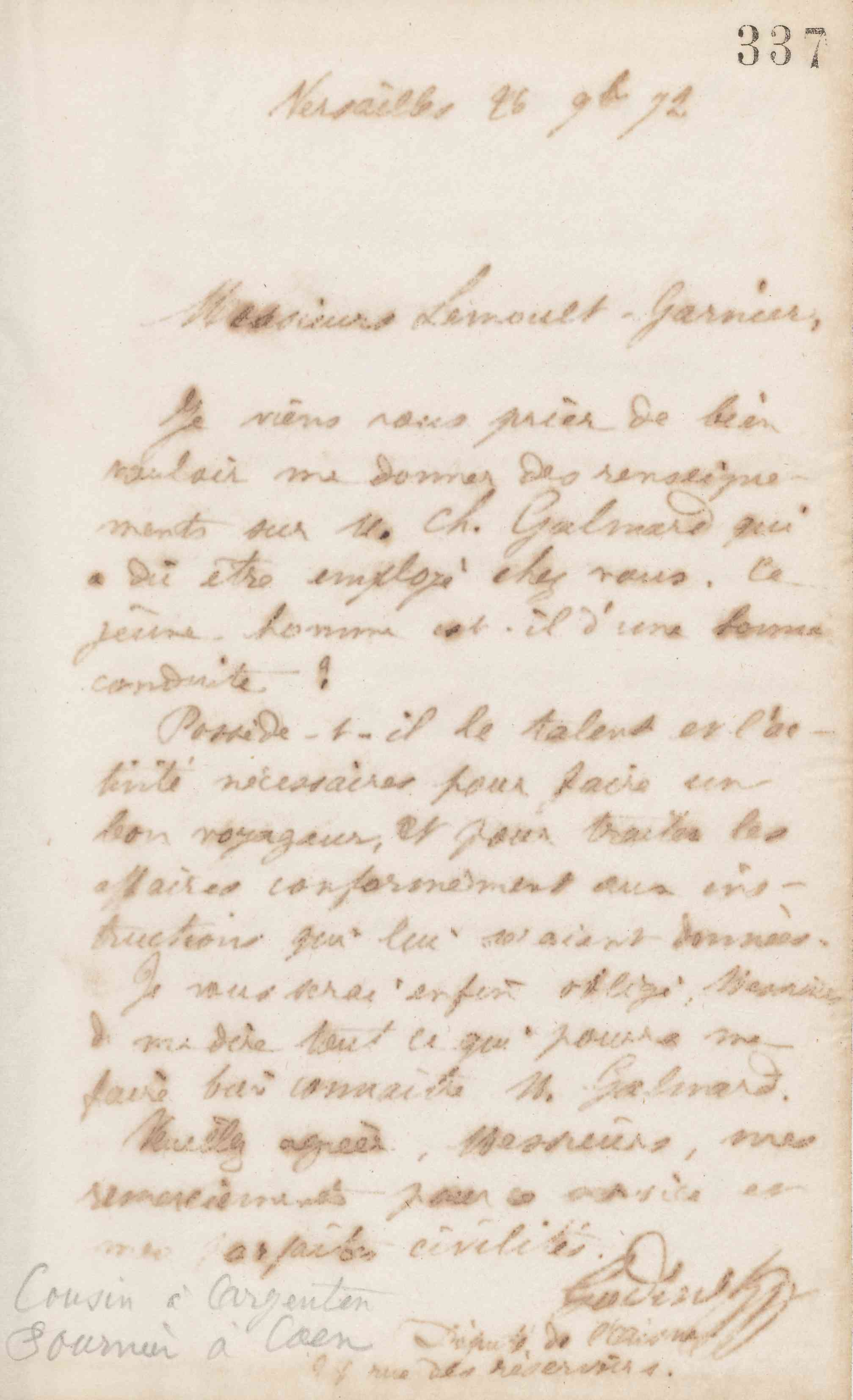 Jean-Baptiste André Godin à monsieur Lemoult-Garnier, 26 novembre 1872