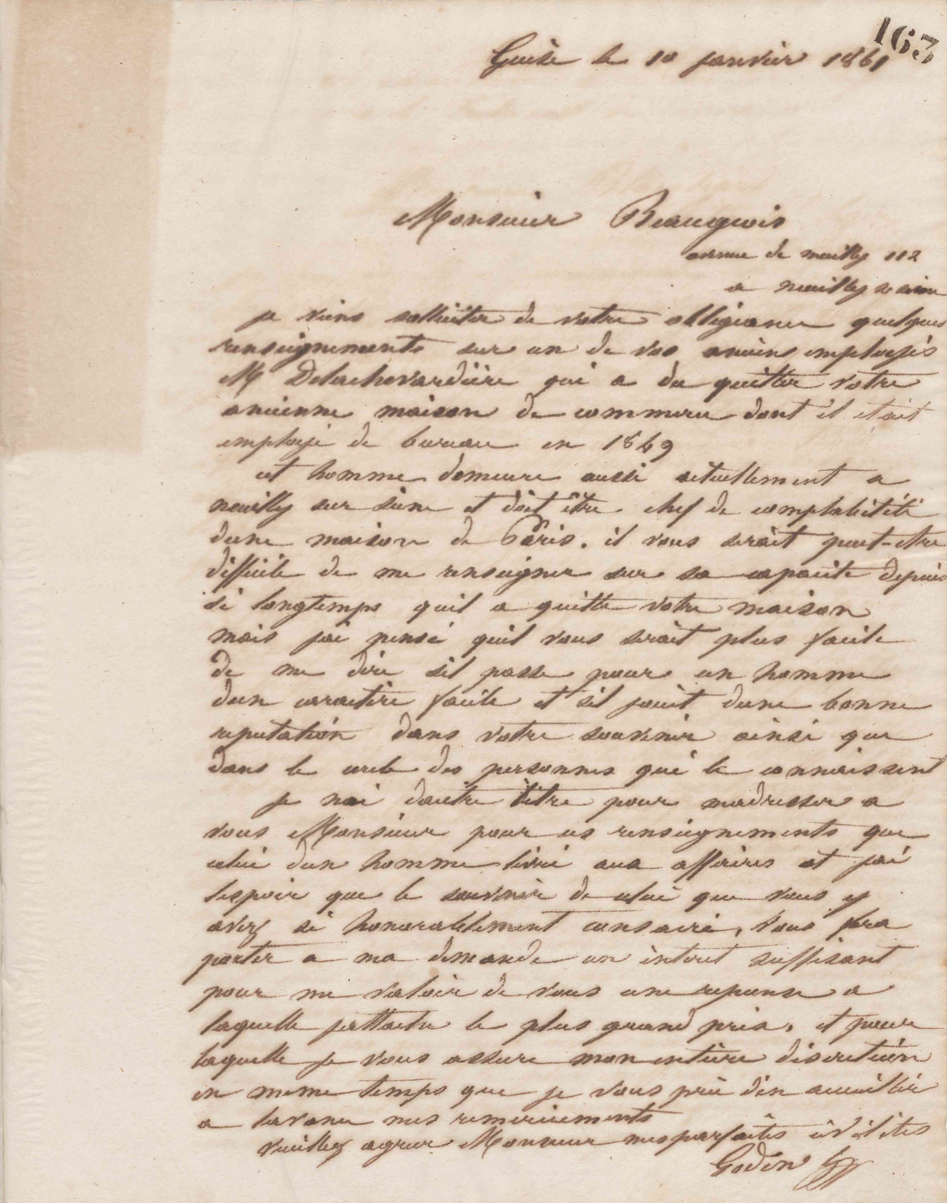 Jean-Baptiste André Godin à monsieur Beaugeois, 10 janvier 1861 Jean-Baptiste André Godin à monsieur Beaugeois, 10 janvier 1861