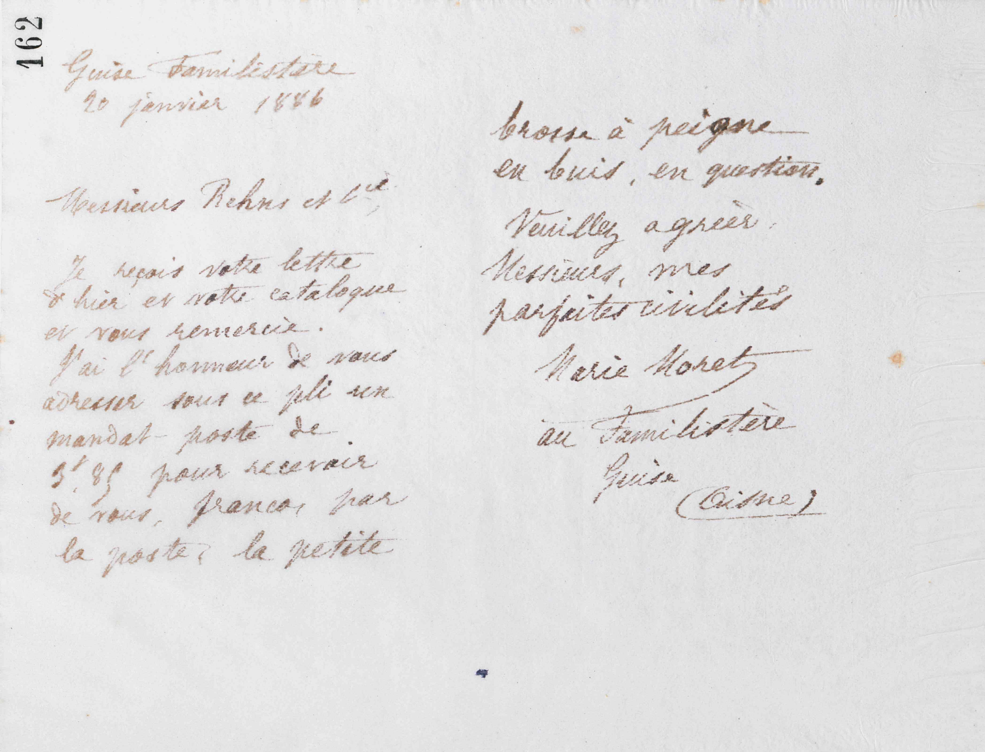 Marie Moret à La reine des abeilles, 20 janvier 1886 Marie Moret à La reine des abeilles, 20 janvier 1886