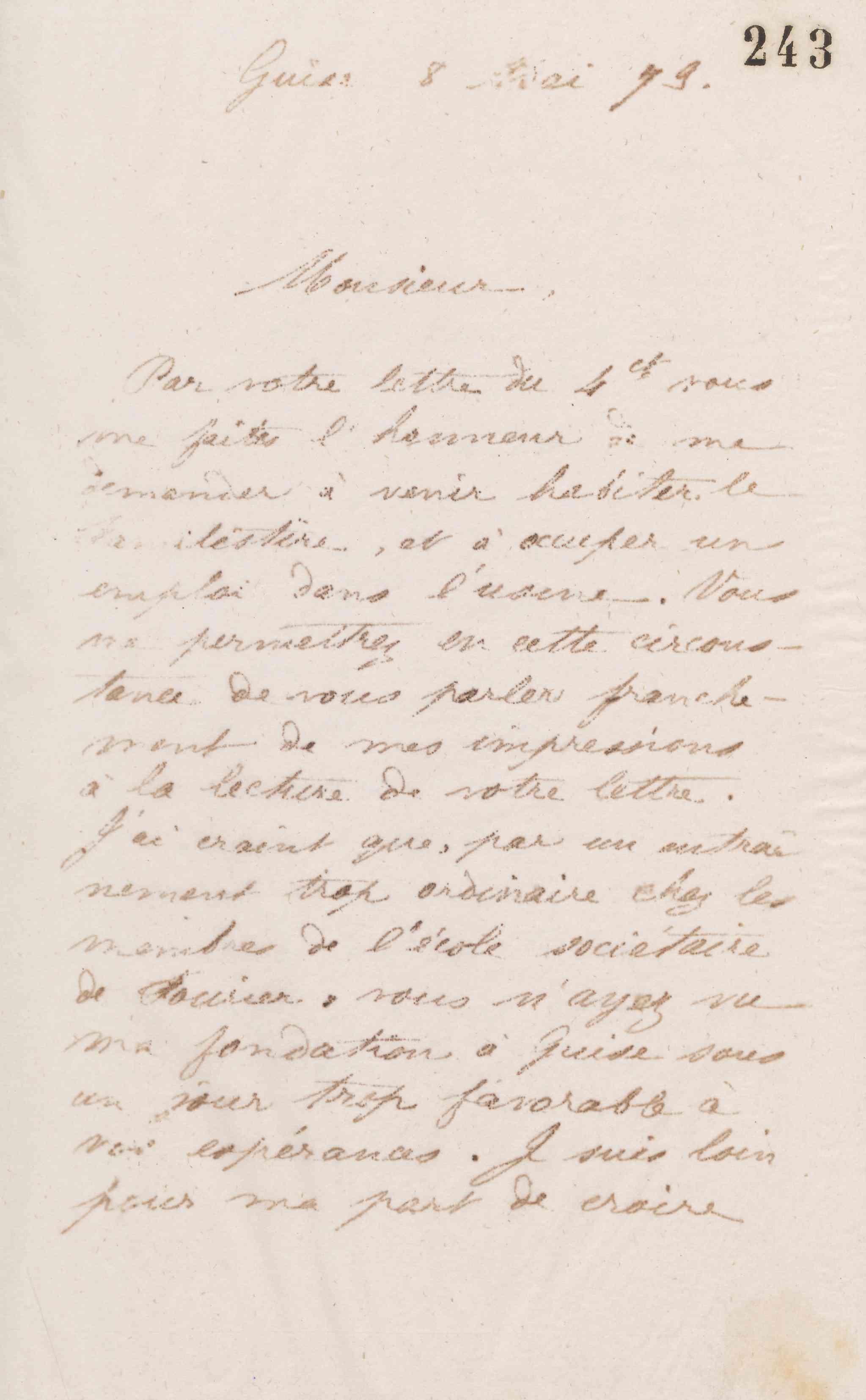 Jean-Baptiste André Godin à Étienne Louis Joseph Quaintenne, 8 mai 1873