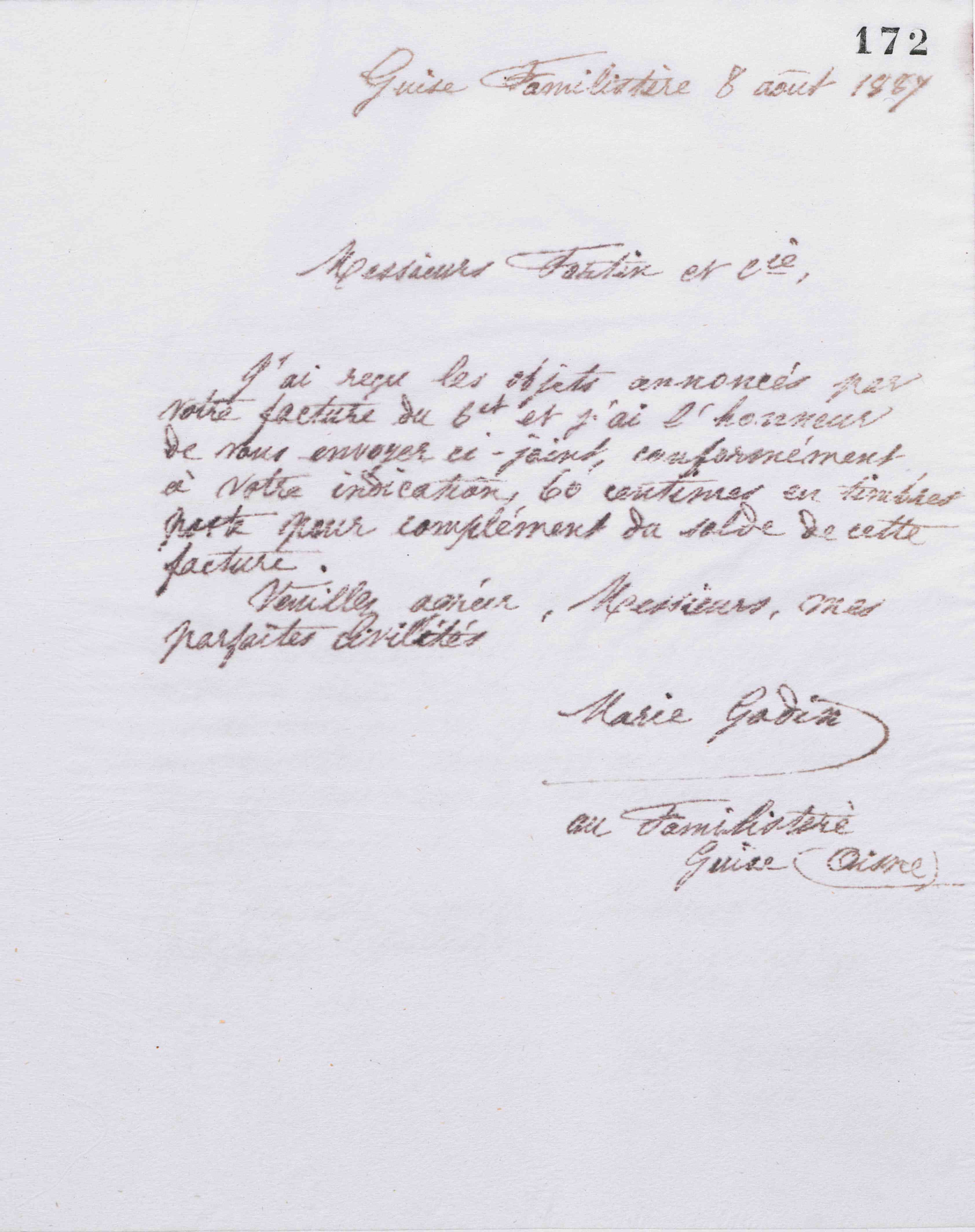 Marie Moret à Fortin et Cie, 8 août 1887