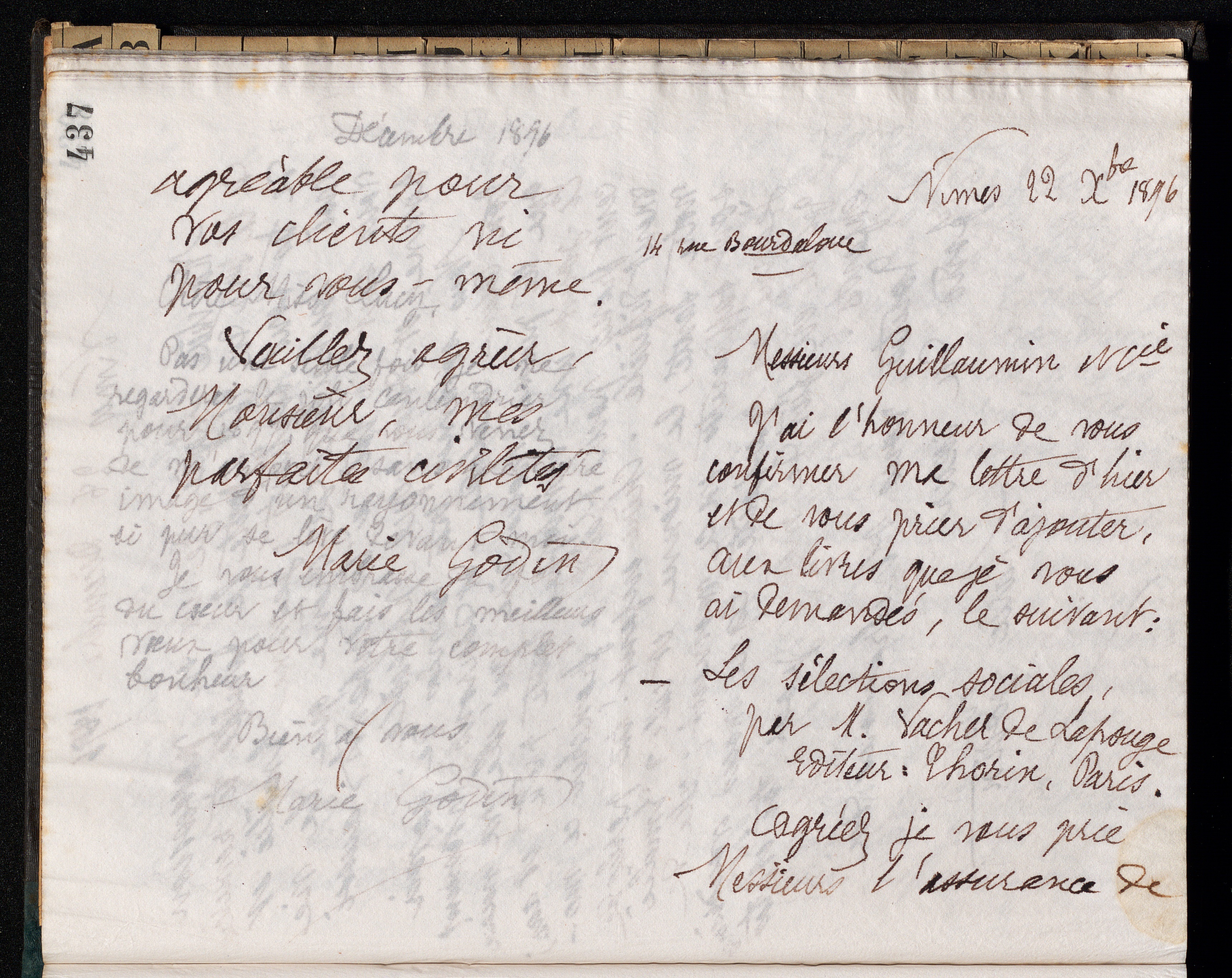 Marie Moret à Guillaumin et Cie, 22 décembre 1896