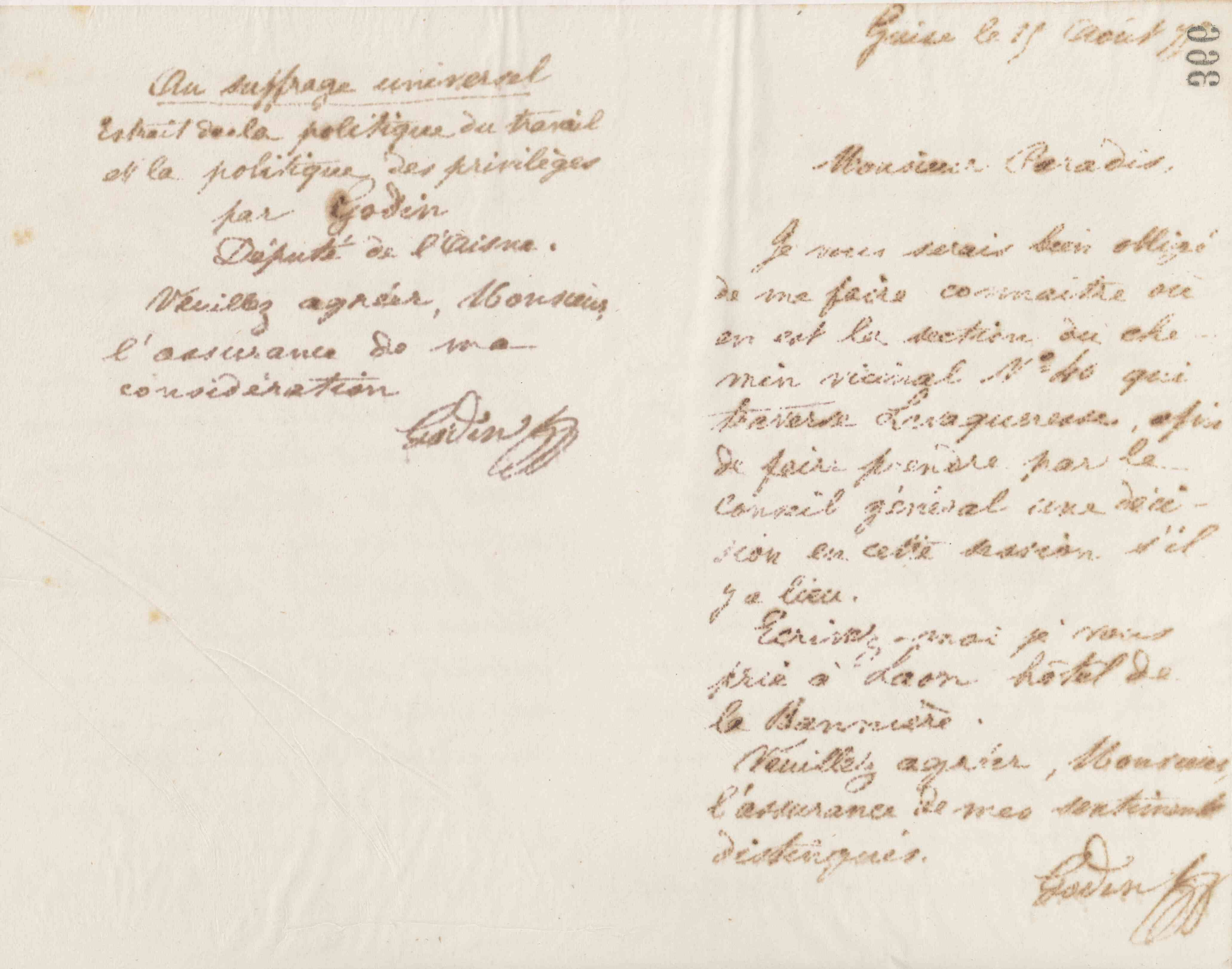 Jean-Baptiste André Godin à monsieur Olivier Jules Leguéreau, directeur de la Librairie du suffrage universel, 14 août 1875