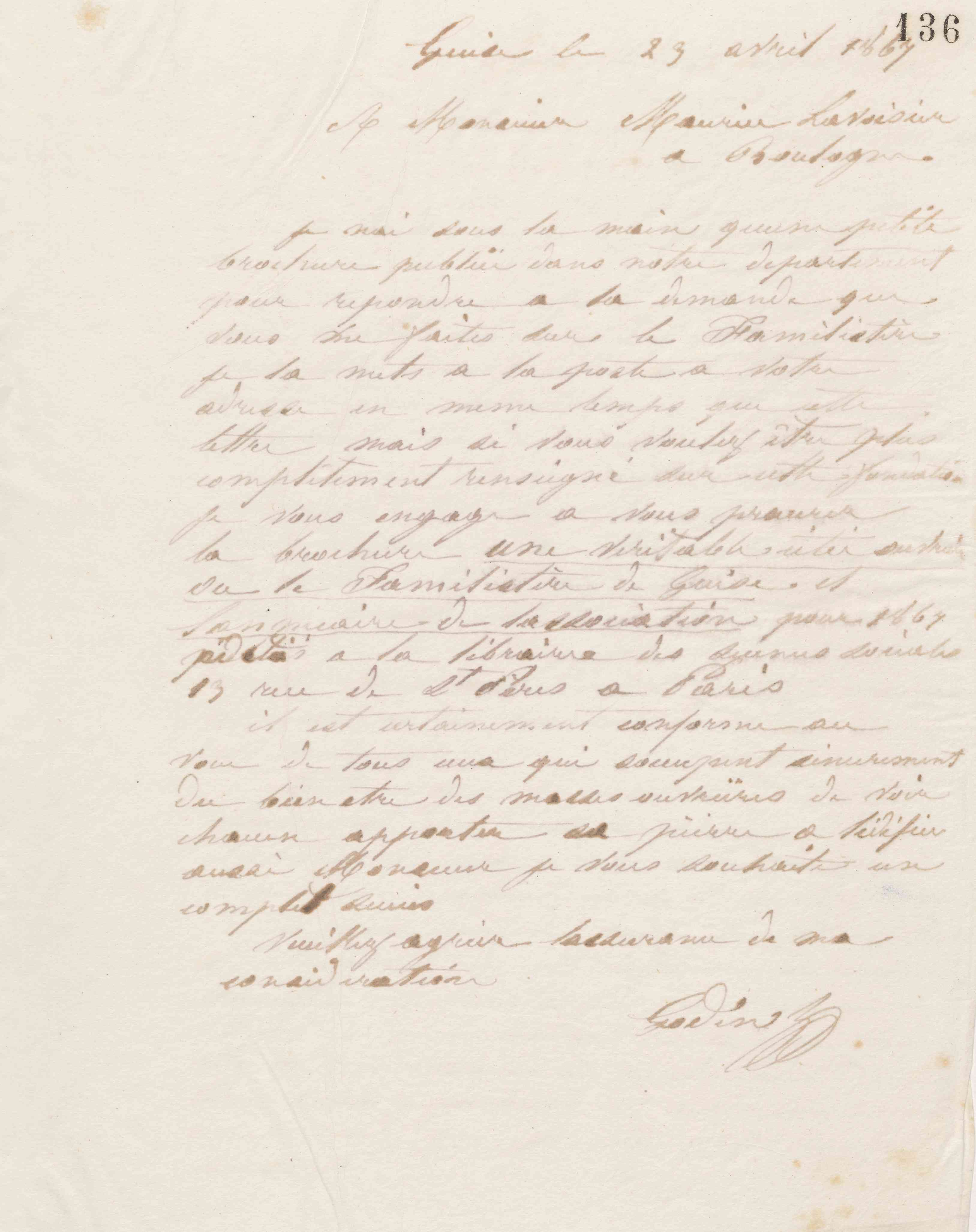Jean-Baptiste André Godin à Maurice Lavoisier, 23 avril 1867