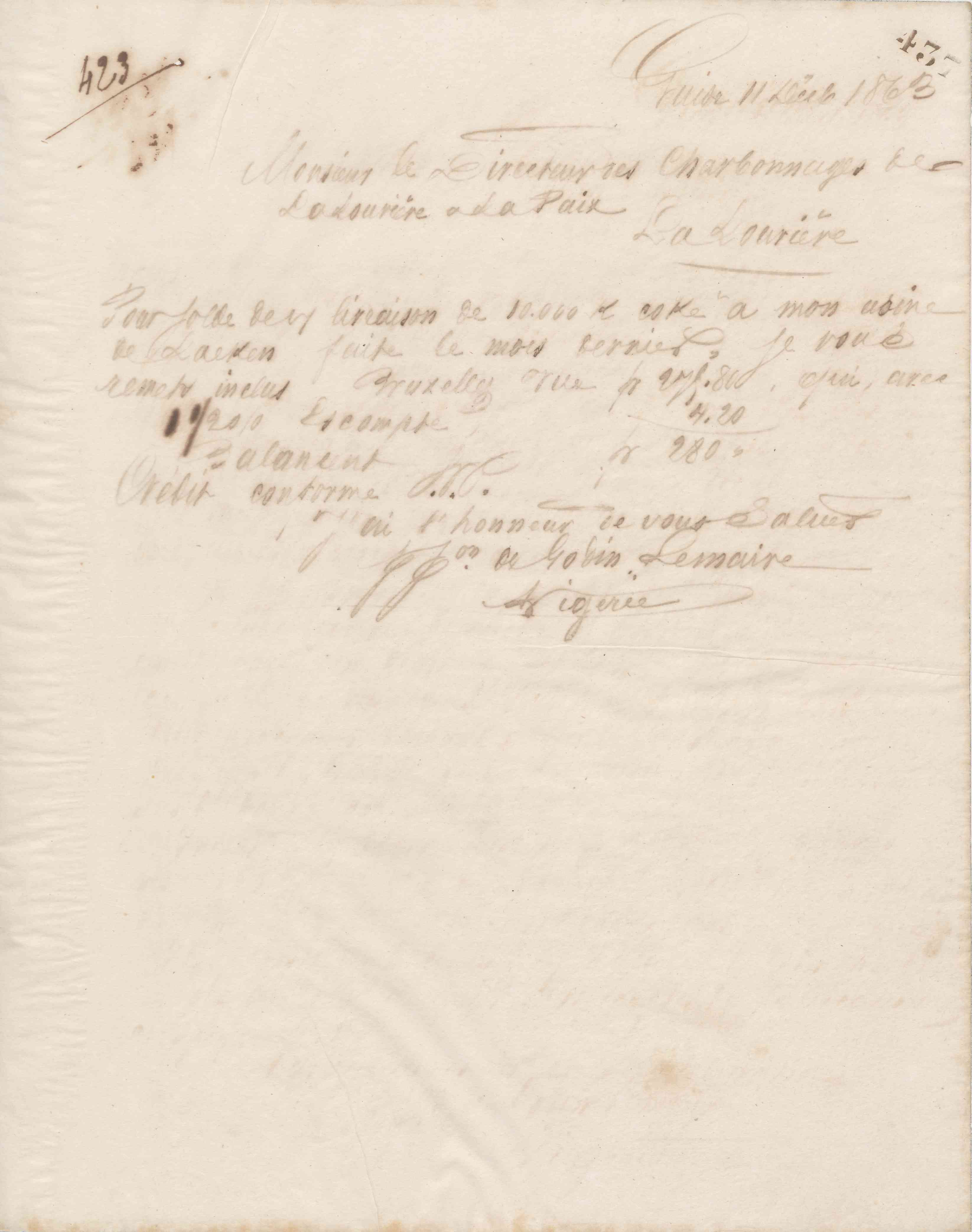Jean-Baptiste André Godin au directeur des charbonnages de la Louvière et la Paix, 11 décembre 1863