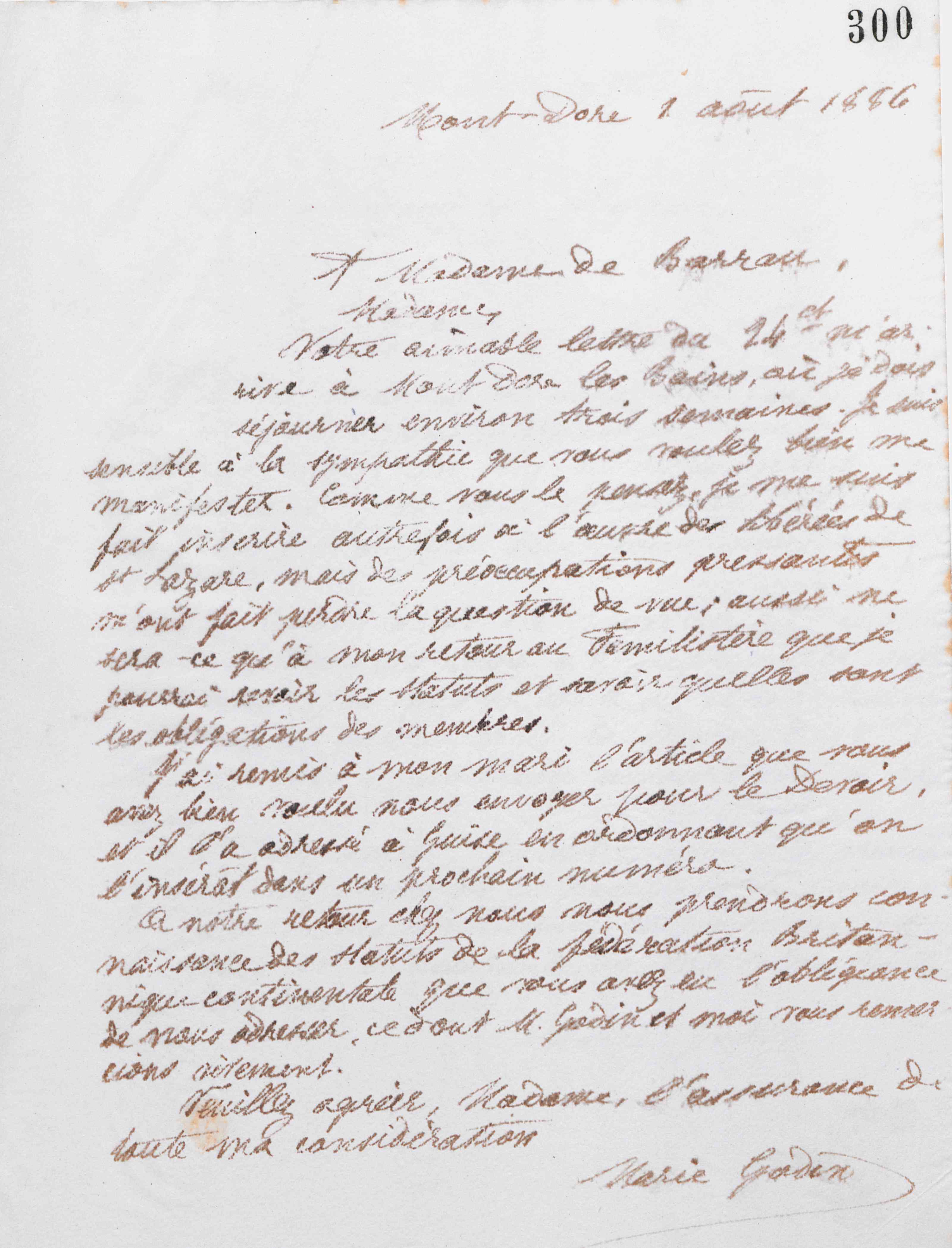 Marie Moret à Caroline de Barrau de Muratel, 1er août 1886 Marie Moret à Caroline de Barrau de Muratel, 1er août 1886
