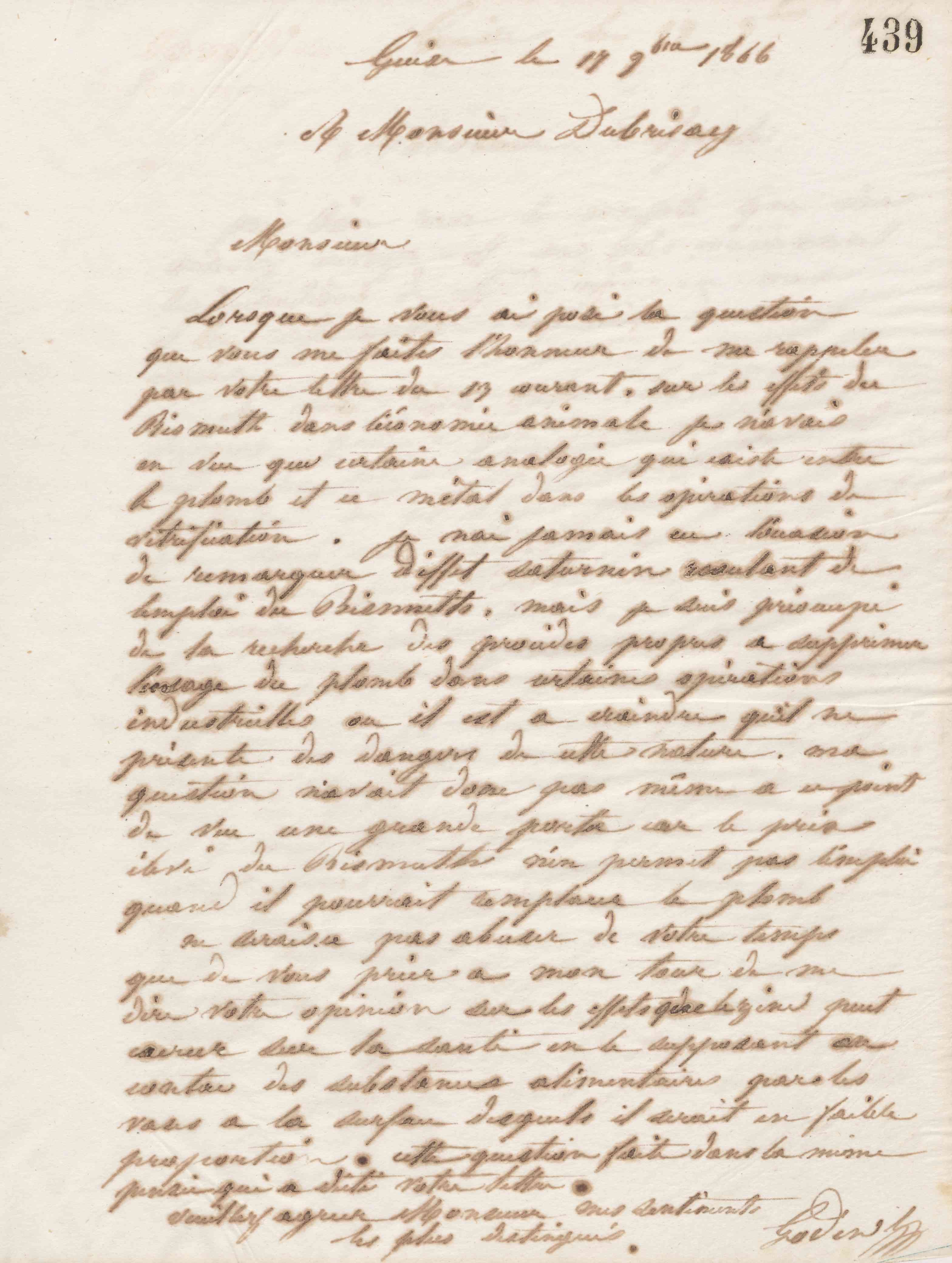 Jean-Baptiste André Godin à monsieur Dubrisay, 17 novembre 1866