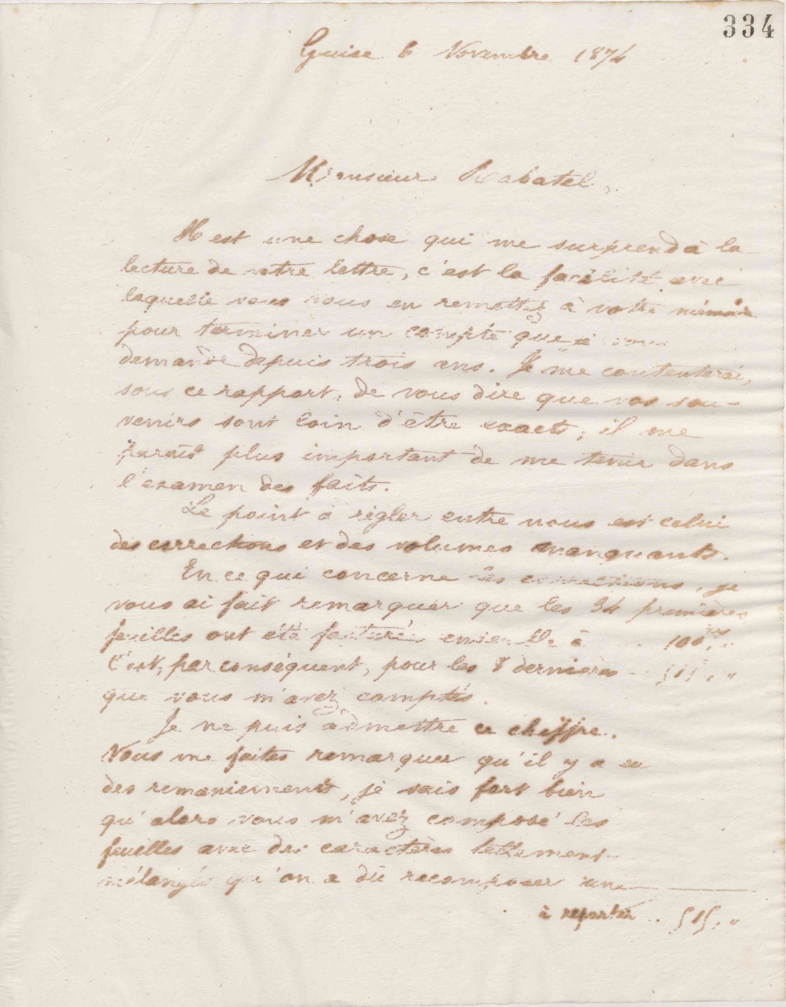 Jean-Baptiste André Godin à monsieur Rabatel, 6 novembre 1874 Jean-Baptiste André Godin à monsieur Rabatel, 6 novembre 1874