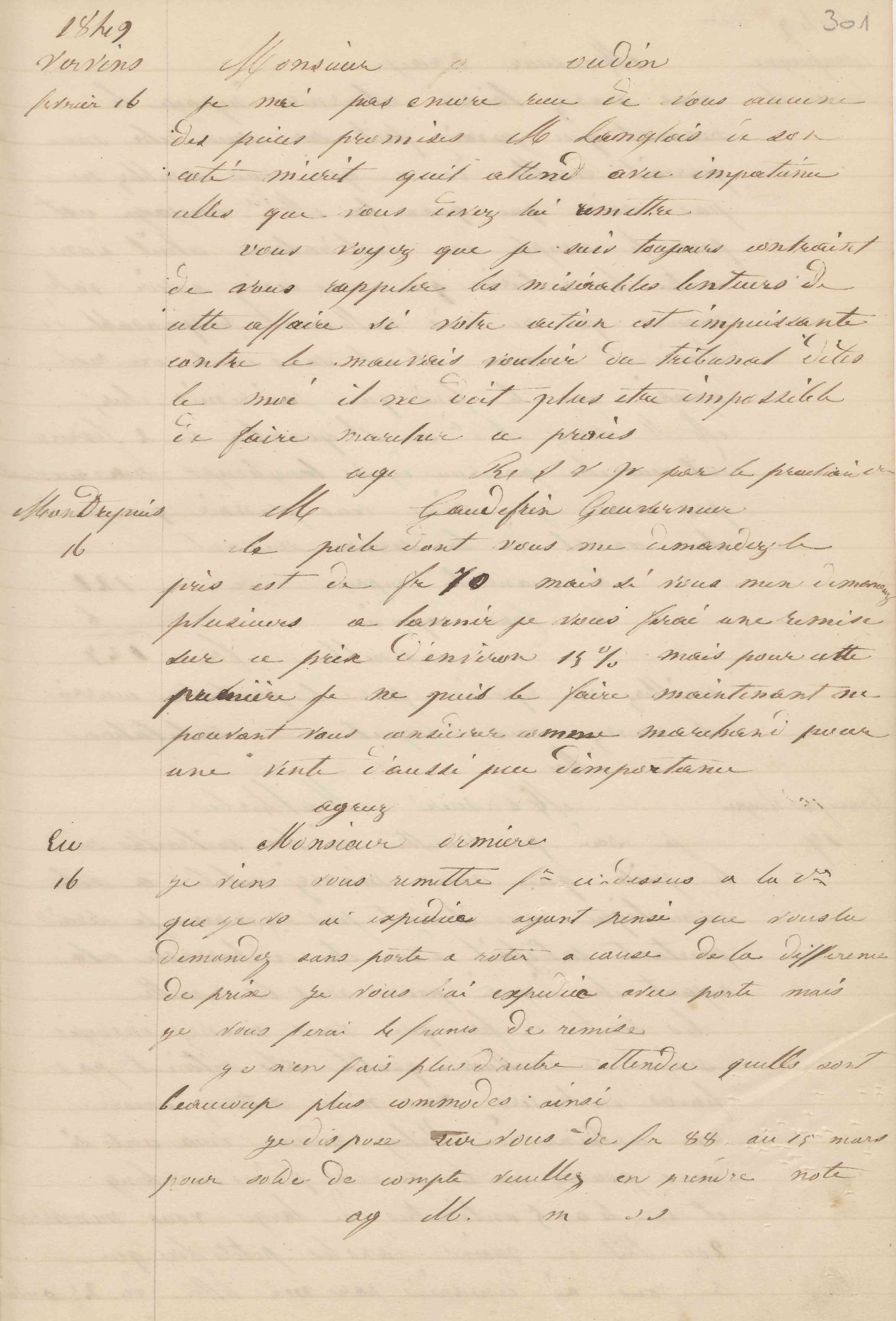 Jean-Baptiste André Godin à monsieur Gaudefrin-Gouverneur, 16 février 1849