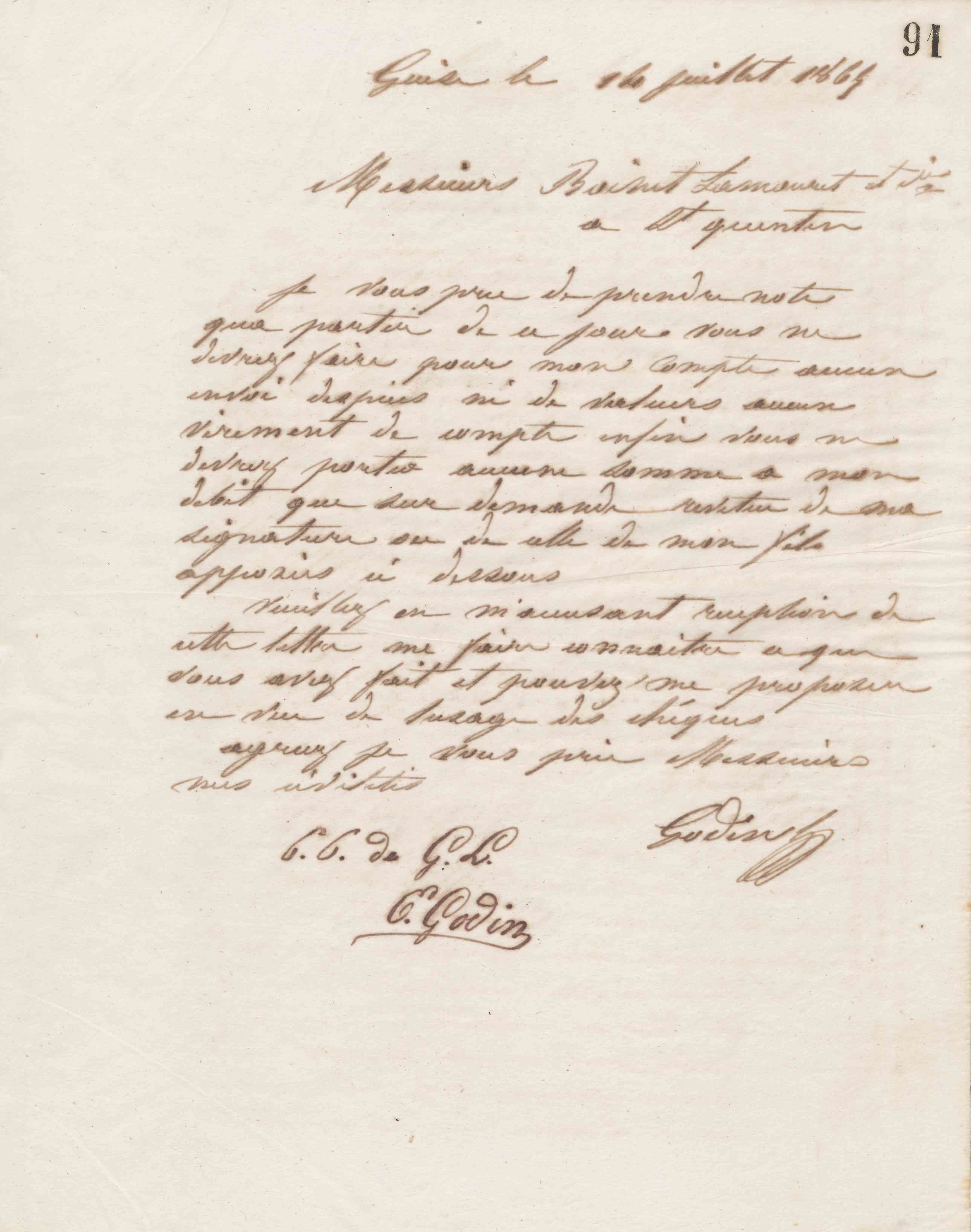 Jean-Baptiste André Godin à monsieur Boinet-Lamouret, 14 juillet 1865