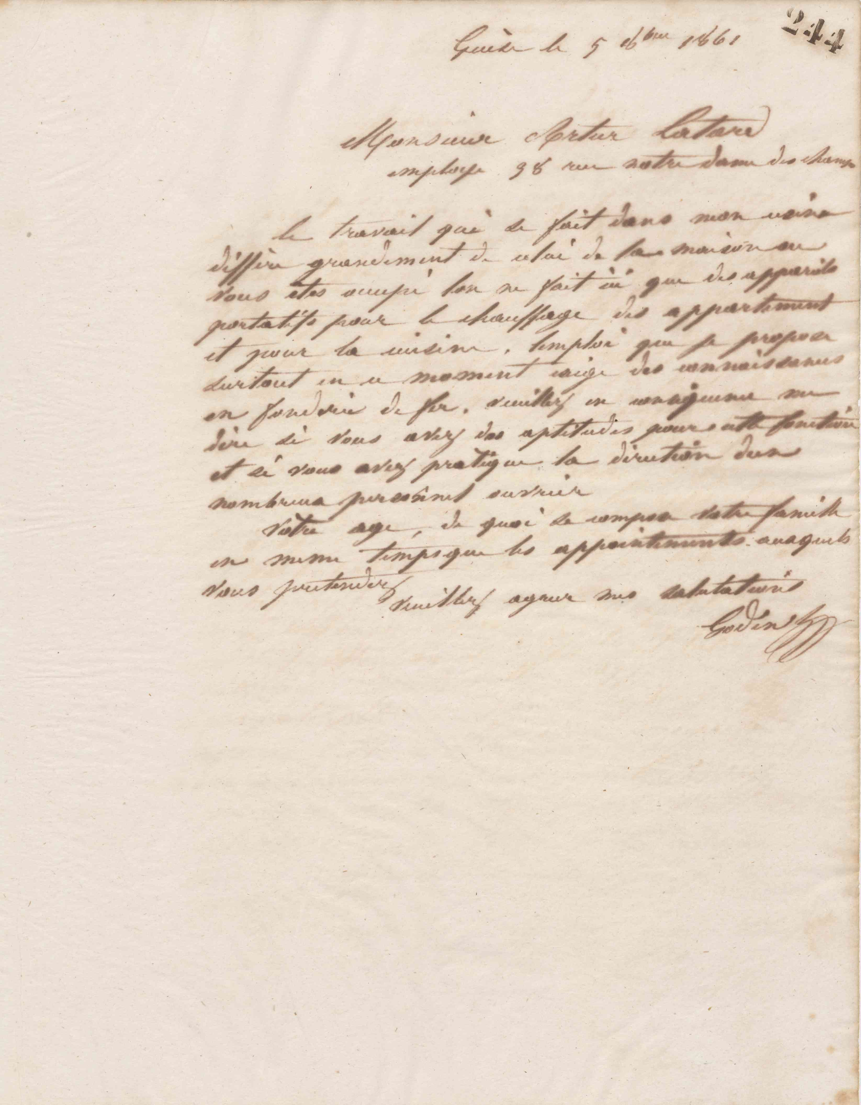 Jean-Baptiste André Godin à Arthur Latard, 5 octobre 1861