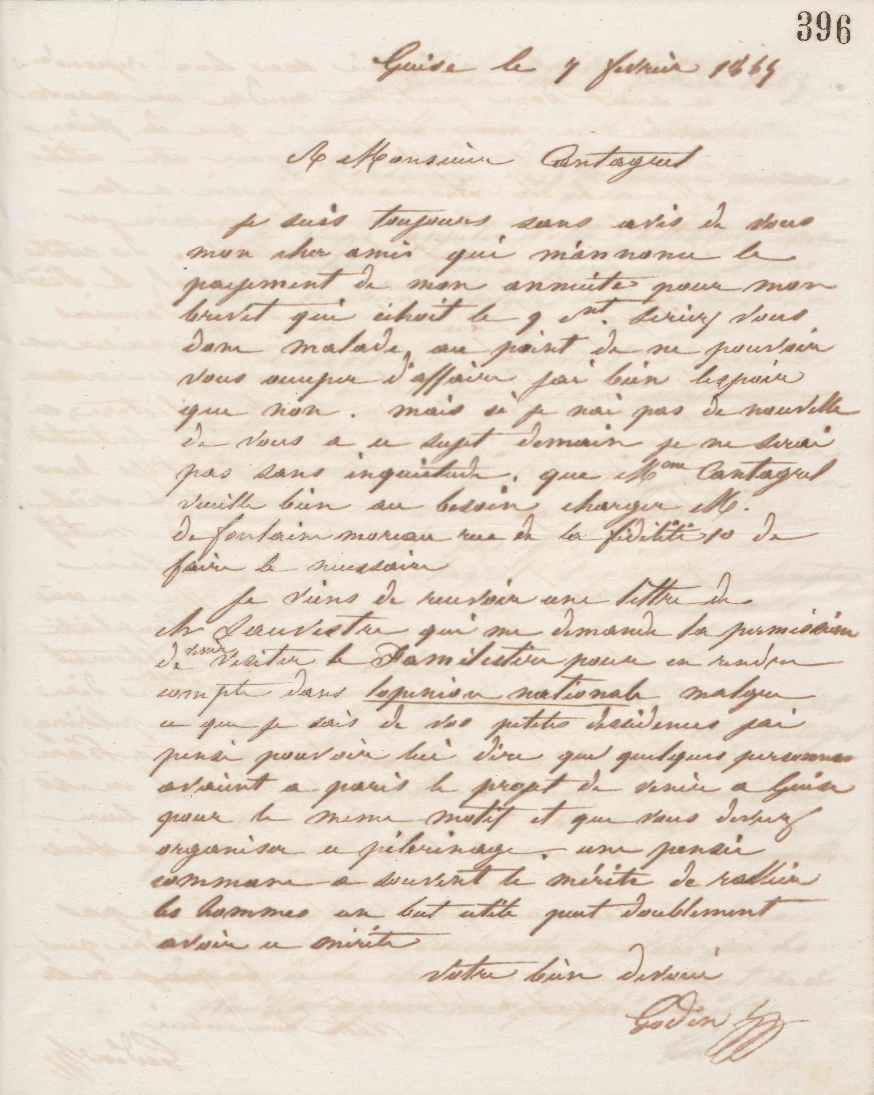 Jean-Baptiste André Godin à François Cantagrel, 7 février 1865