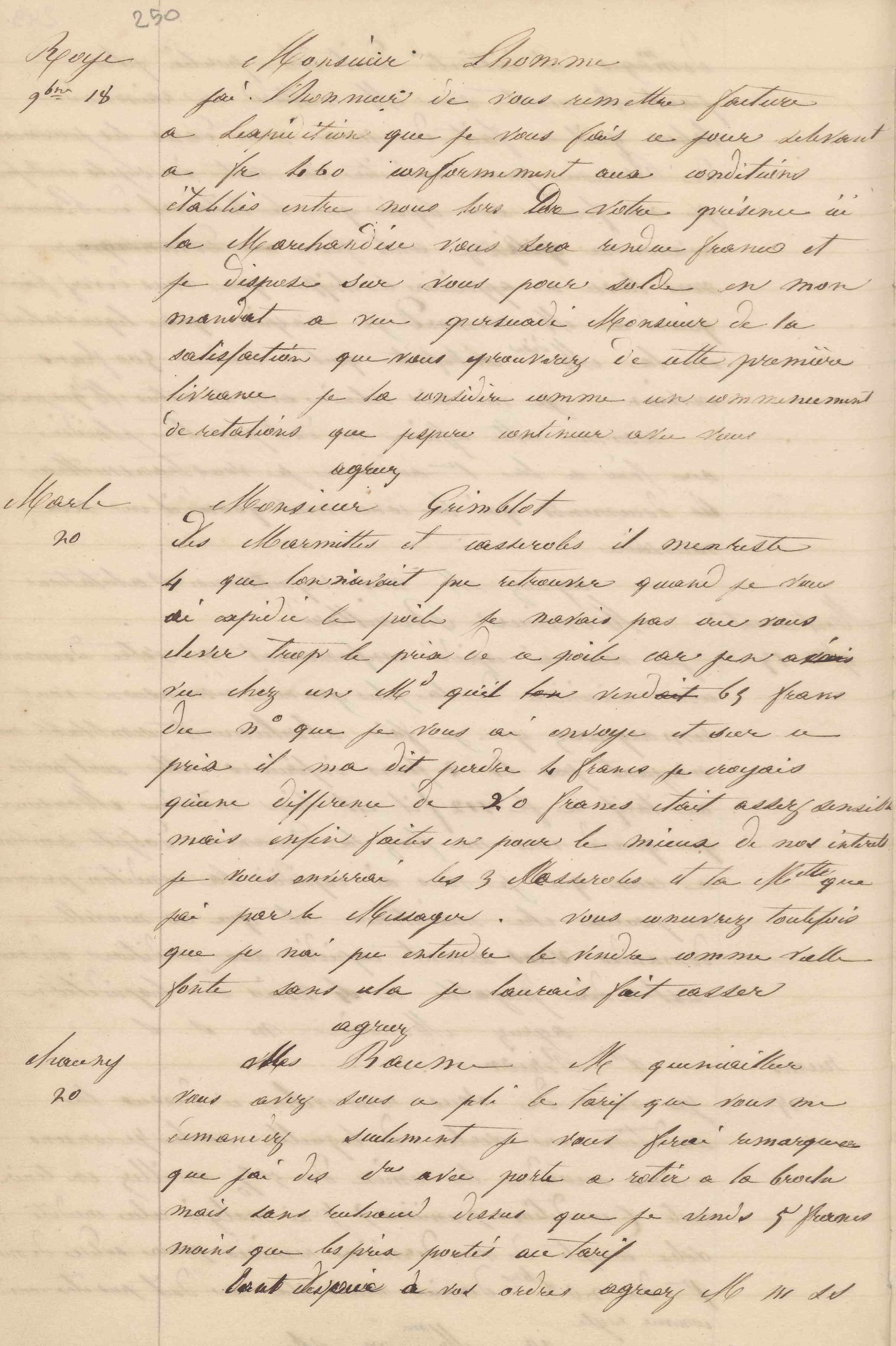 Jean-Baptiste André Godin à monsieur Beaumé, 20 novembre 1848