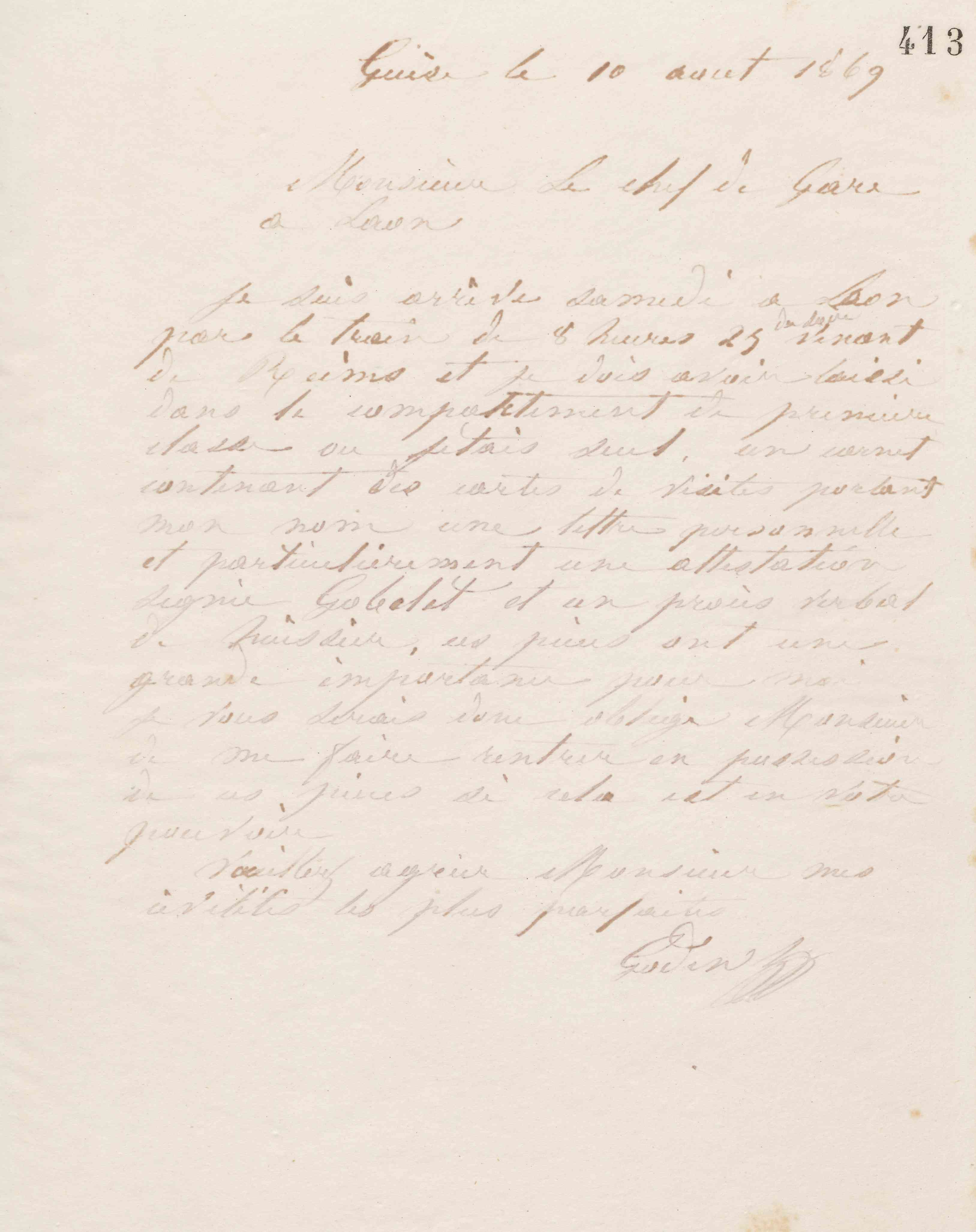 Jean-Baptiste André Godin au chef de la gare de Laon, 10 août 1869