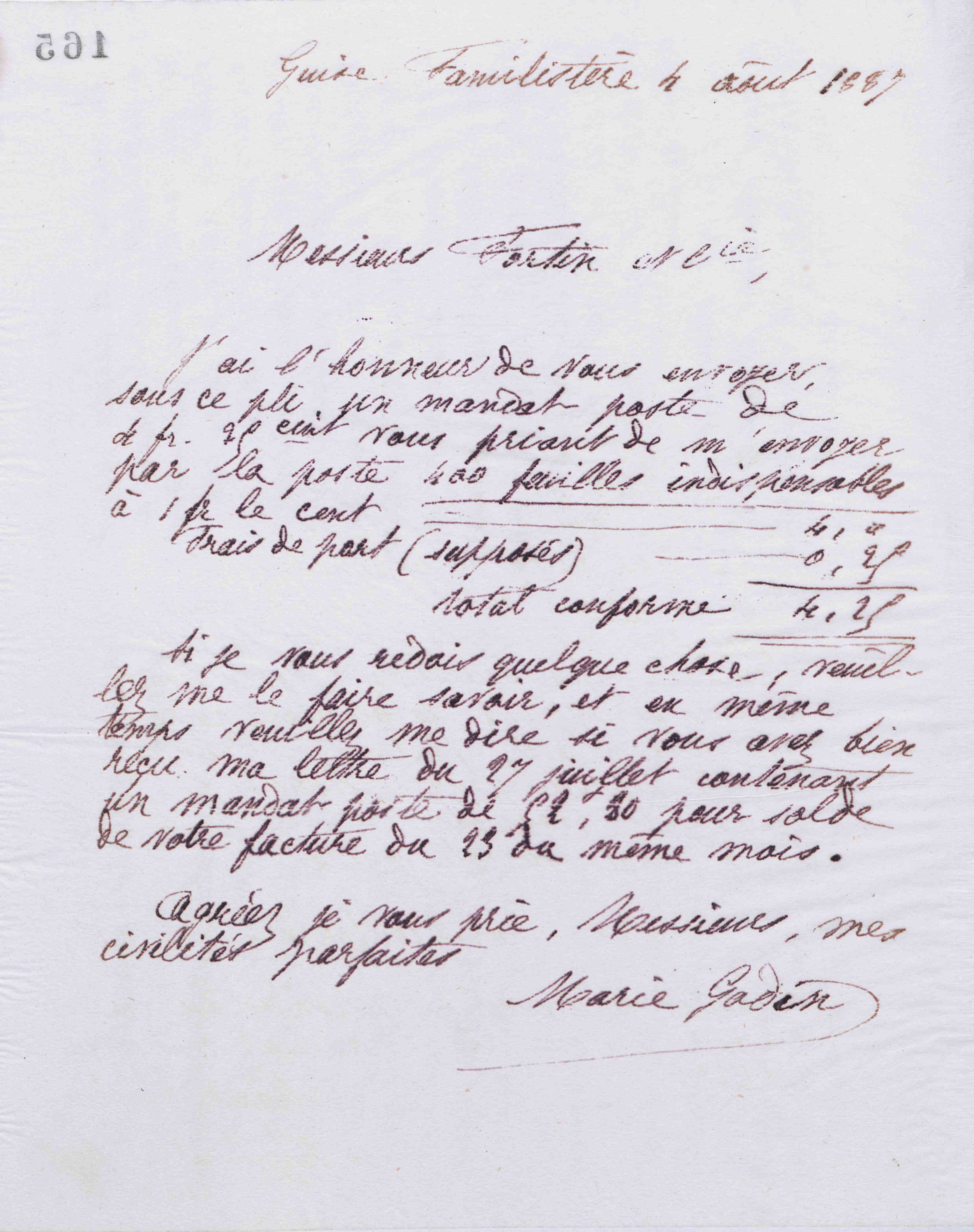 Marie Moret à Fortin et Cie, 4 août 1887