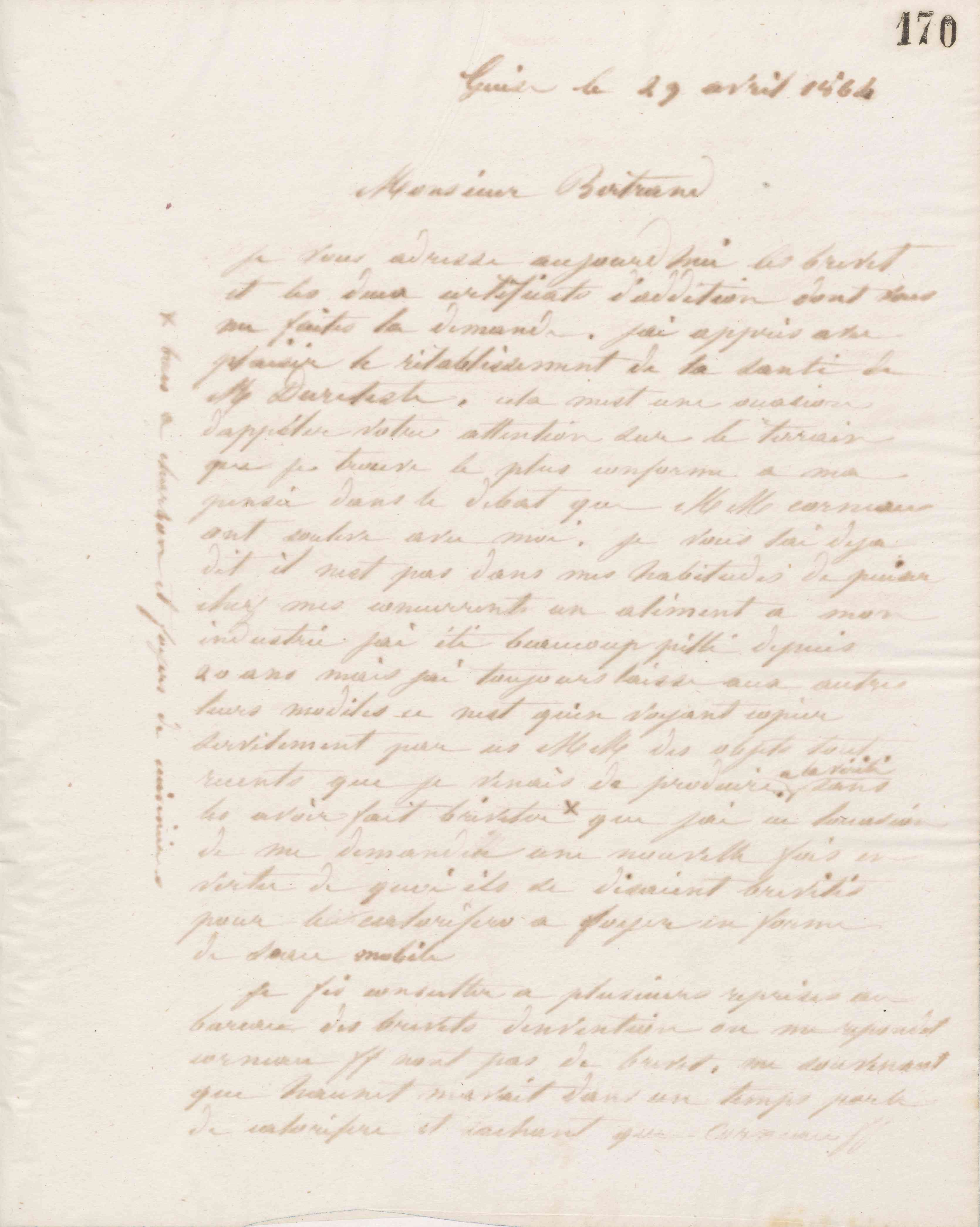 Jean-Baptiste André Godin à monsieur Bertrand, 23 avril 1864