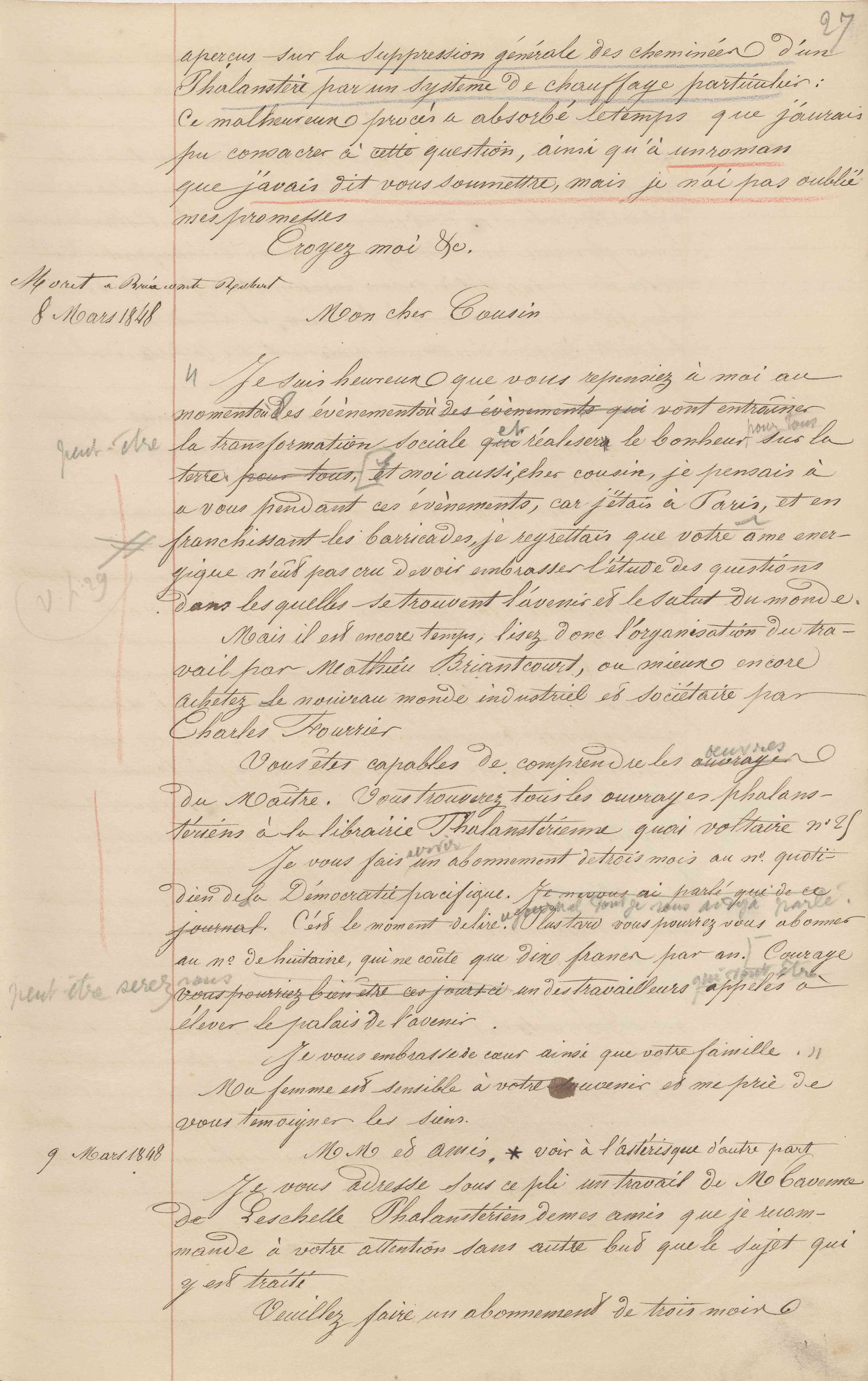 Jean-Baptiste André Godin aux gérants de La Démocratie pacifique et à l'École sociétaire, 9 mars 1848