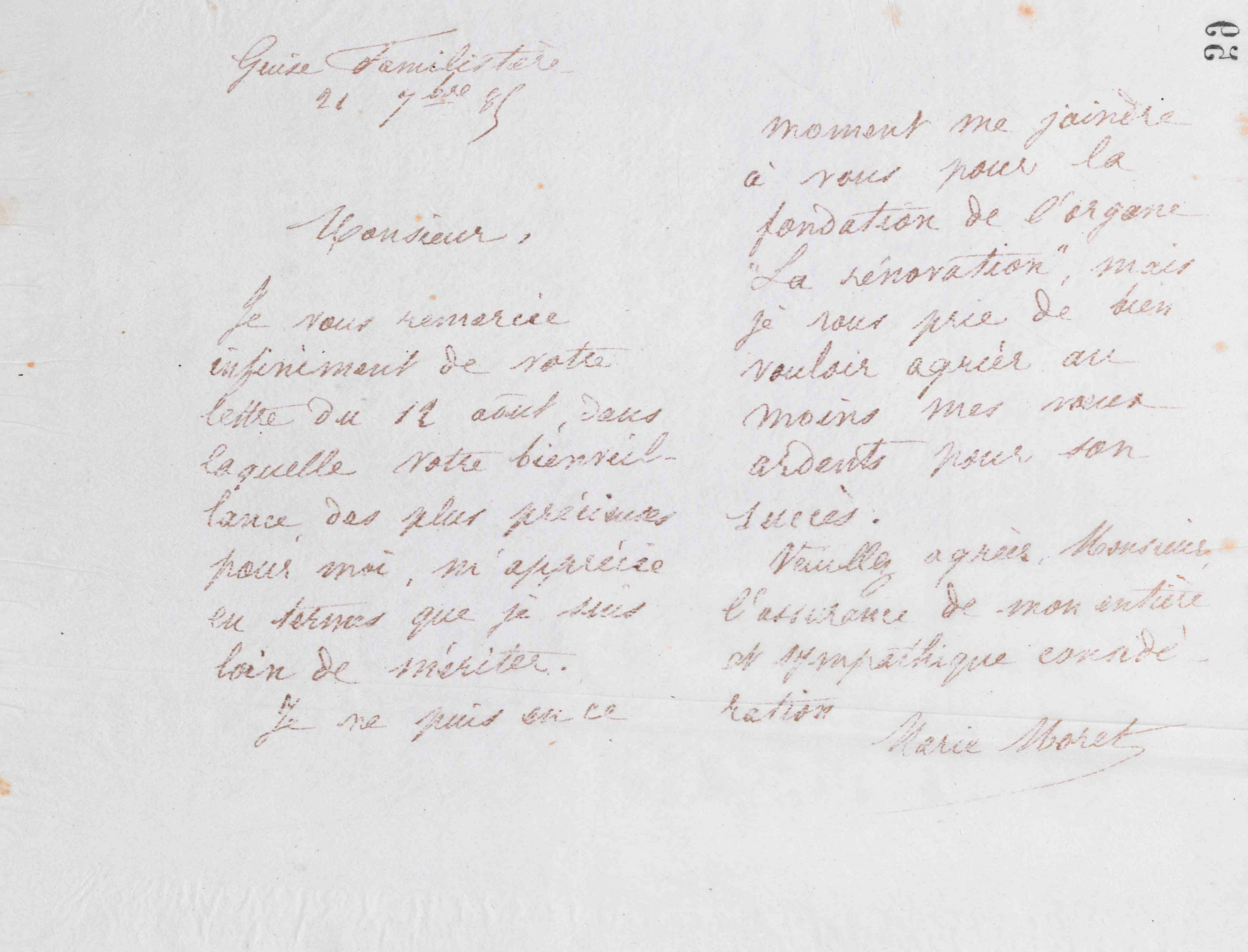 Marie Moret à Hyppolite Destrem, 21 septembre 1885 Marie Moret à Hyppolite Destrem, 21 septembre 1885