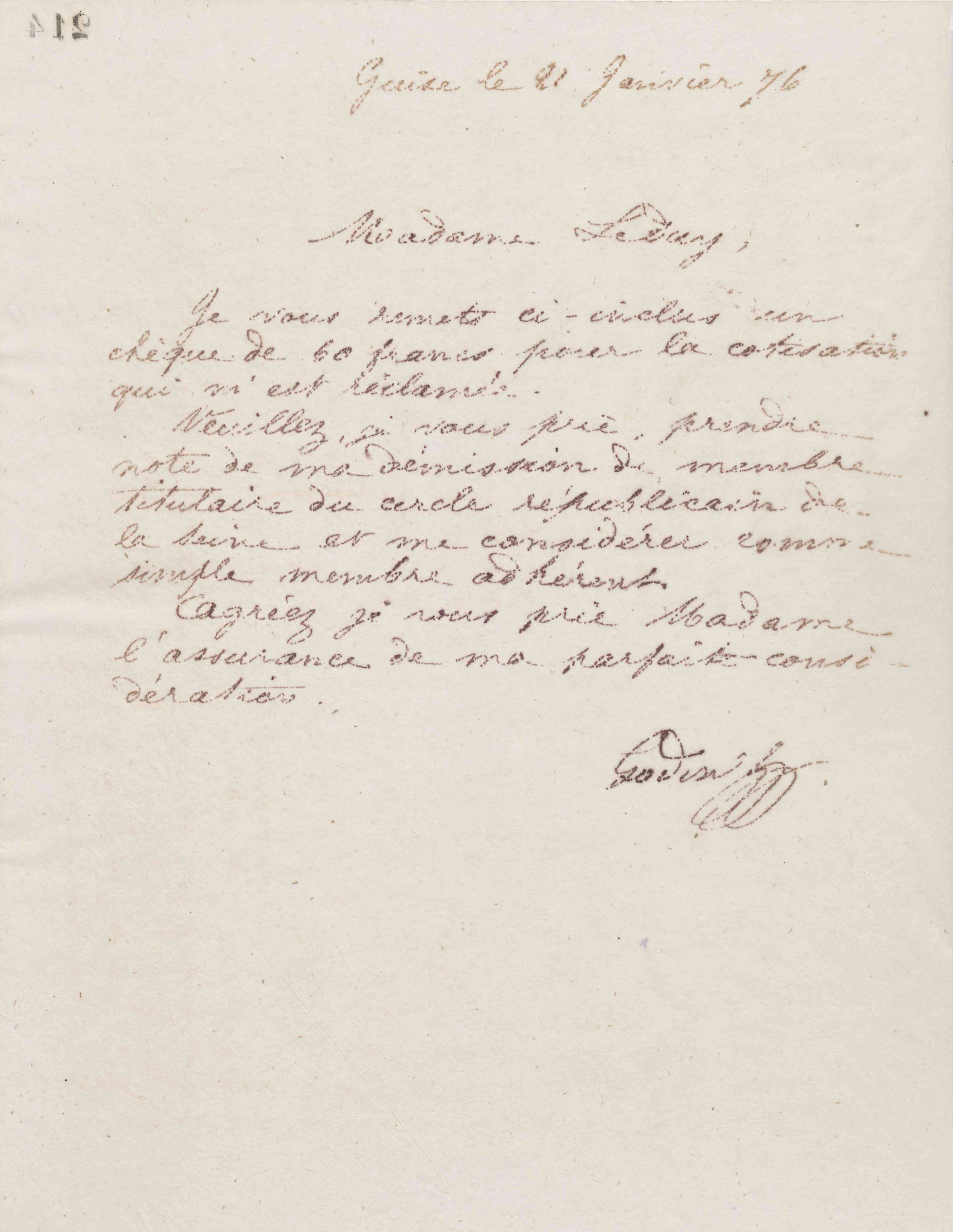 Jean-Baptiste André Godin à monsieur Leday, 21 janvier 1876 Jean-Baptiste André Godin à monsieur Leday, 21 janvier 1876