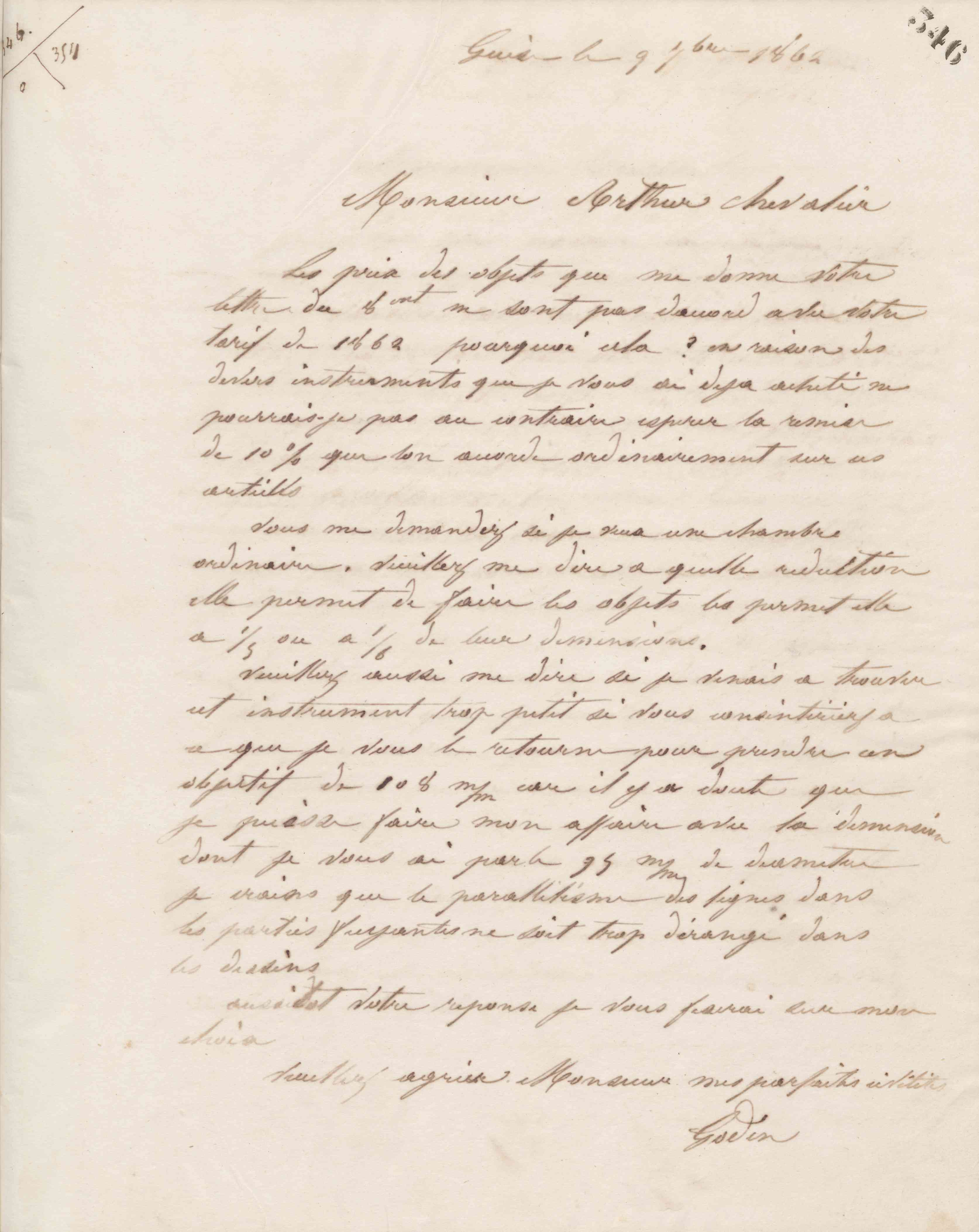 Jean-Baptiste André Godin à Arthur Chevalier, 9 septembre 1862