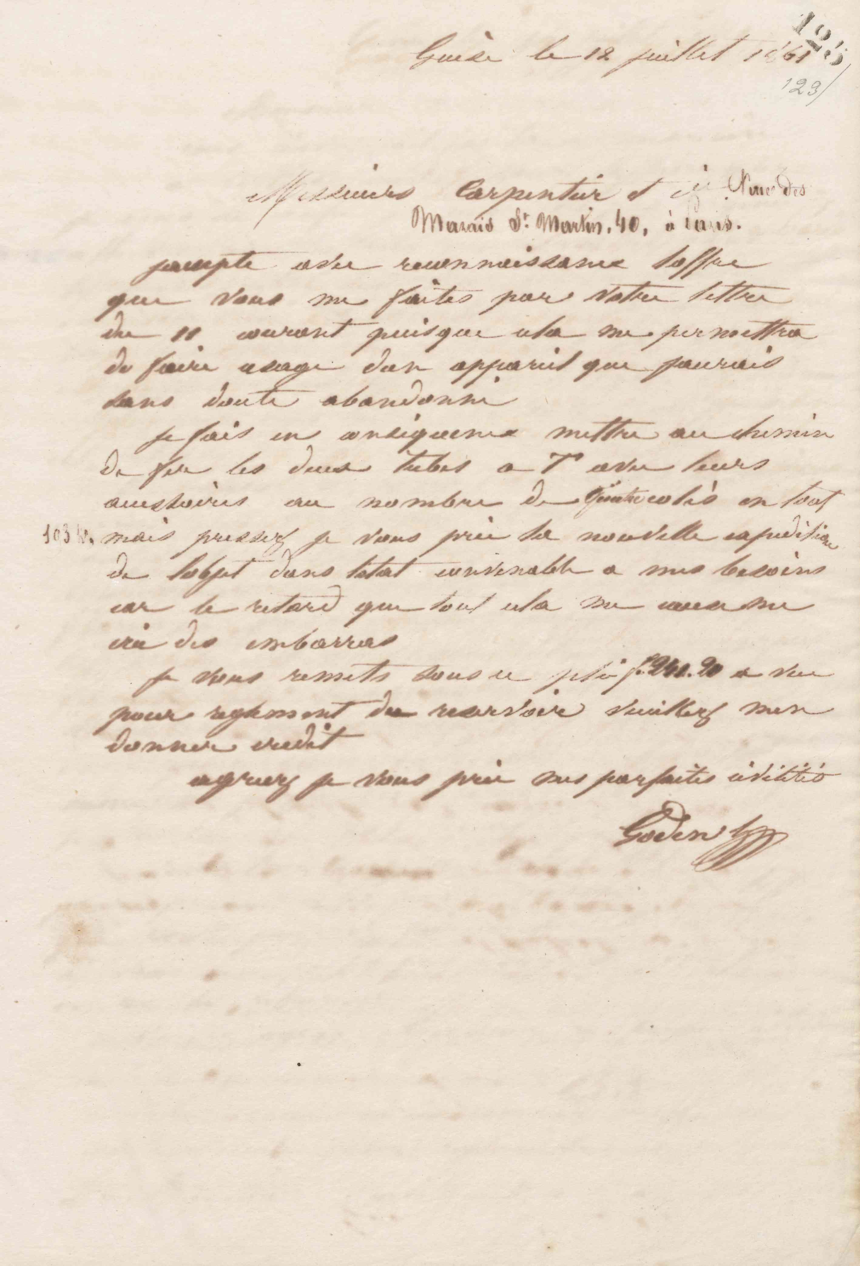 Jean-Baptiste André Godin à Carpentier et Cie, 12 juillet 1861