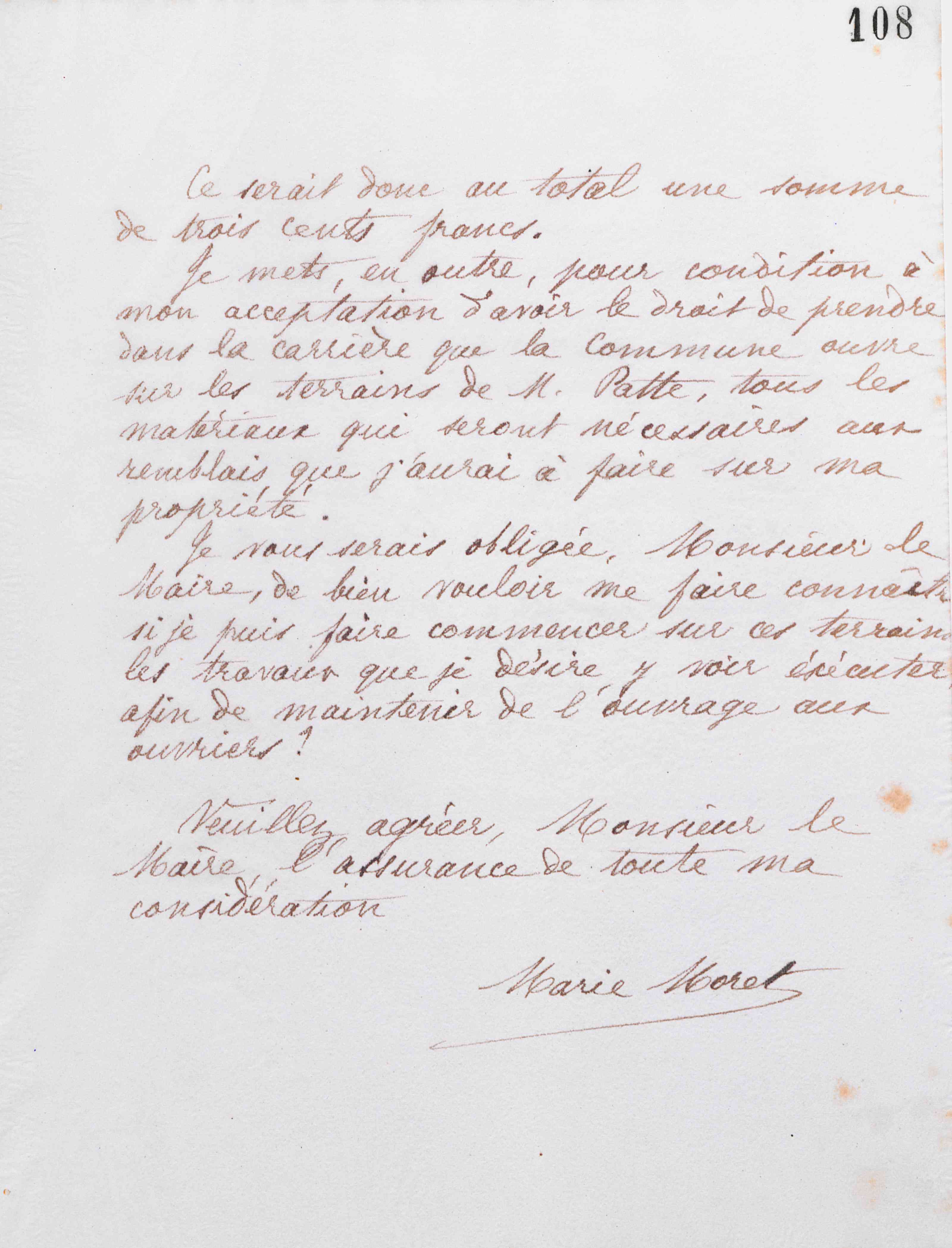 Marie Moret au maire de Lesquielles, 13 novembre 1885