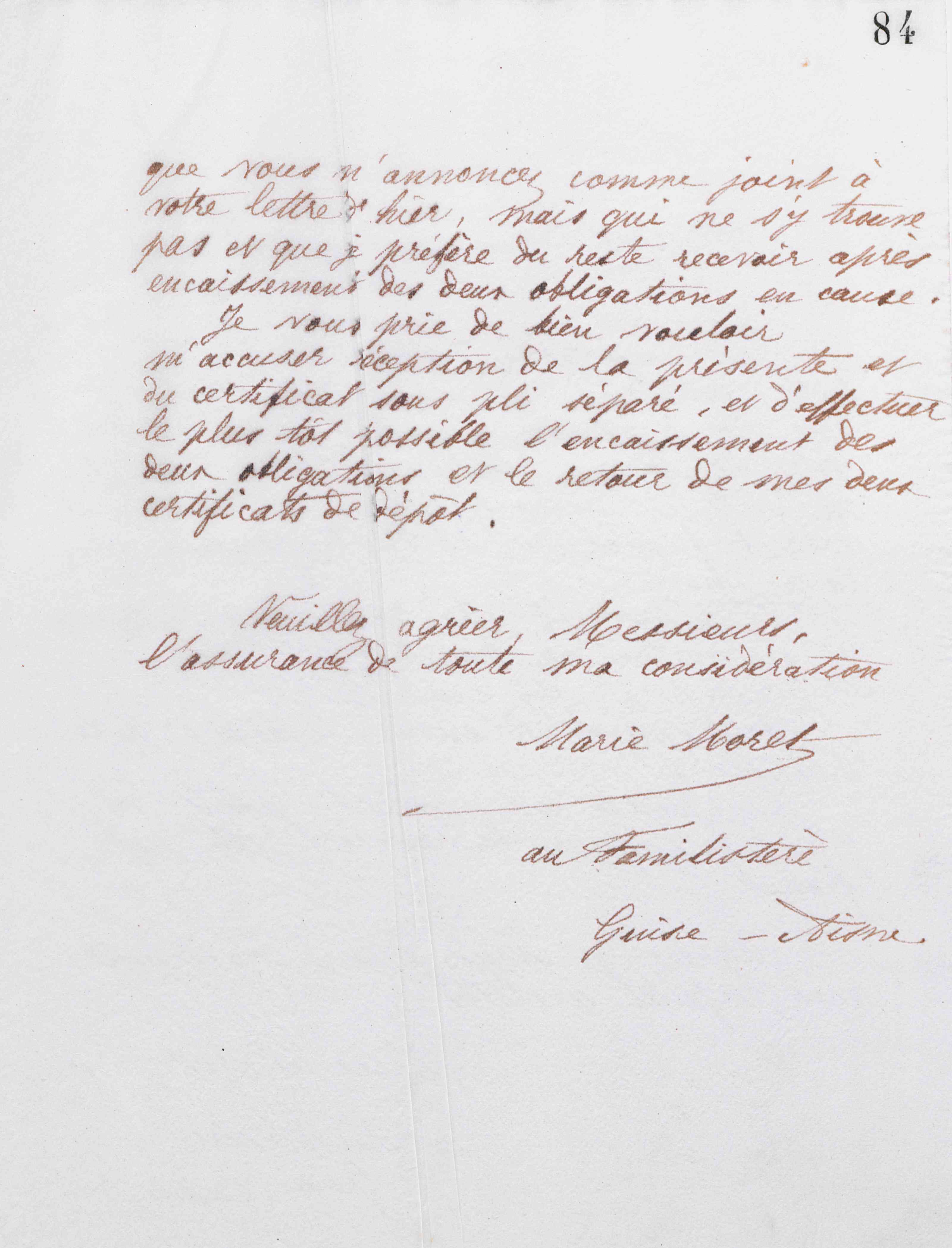 Marie Moret à Offroy et Cie, 15 octobre 1885 Marie Moret à Offroy et Cie, 15 octobre 1885