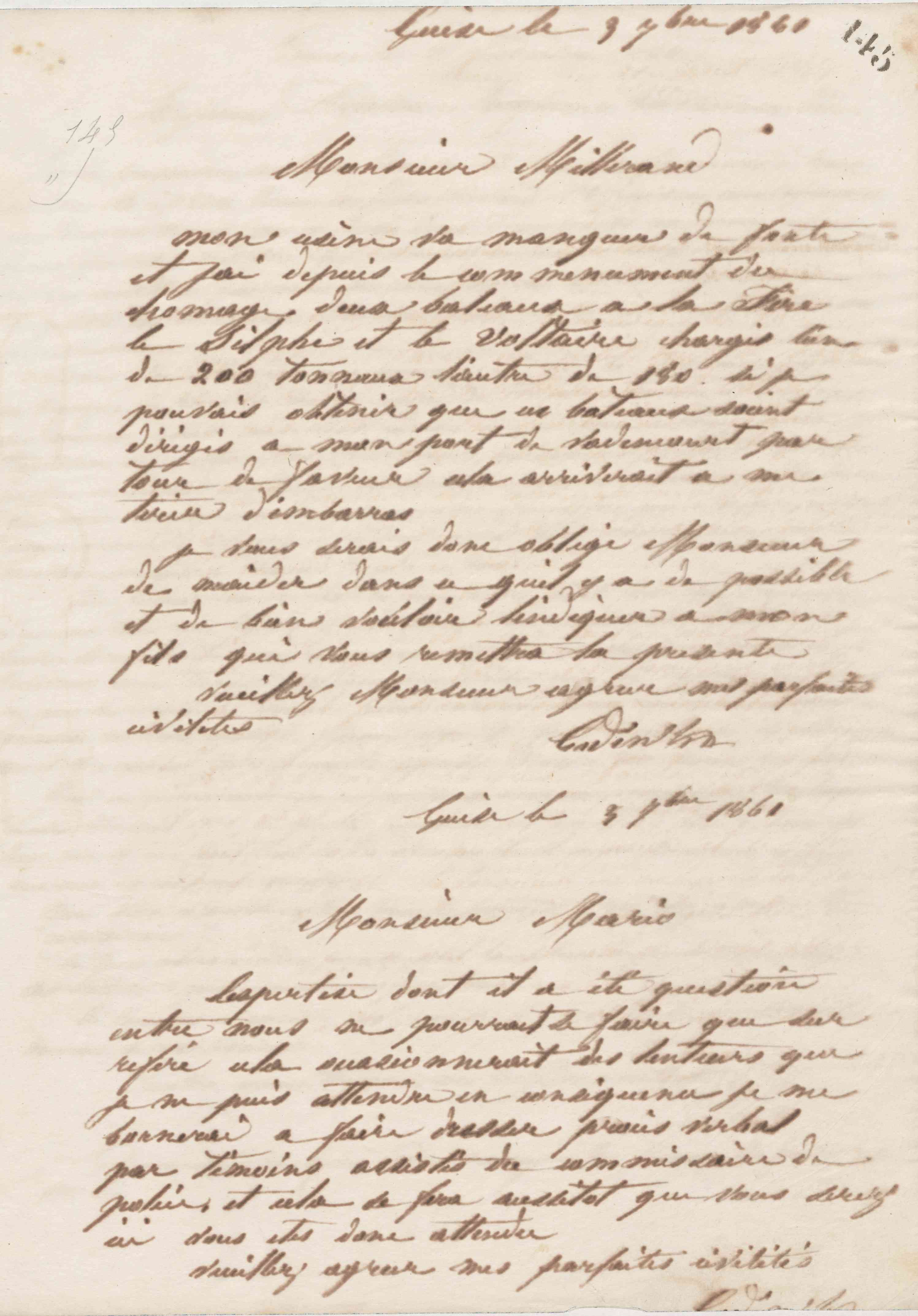 Jean-Baptiste André Godin à monsieur Mario, 3 septembre 1861 Jean-Baptiste André Godin à monsieur Mario, 3 septembre 1861