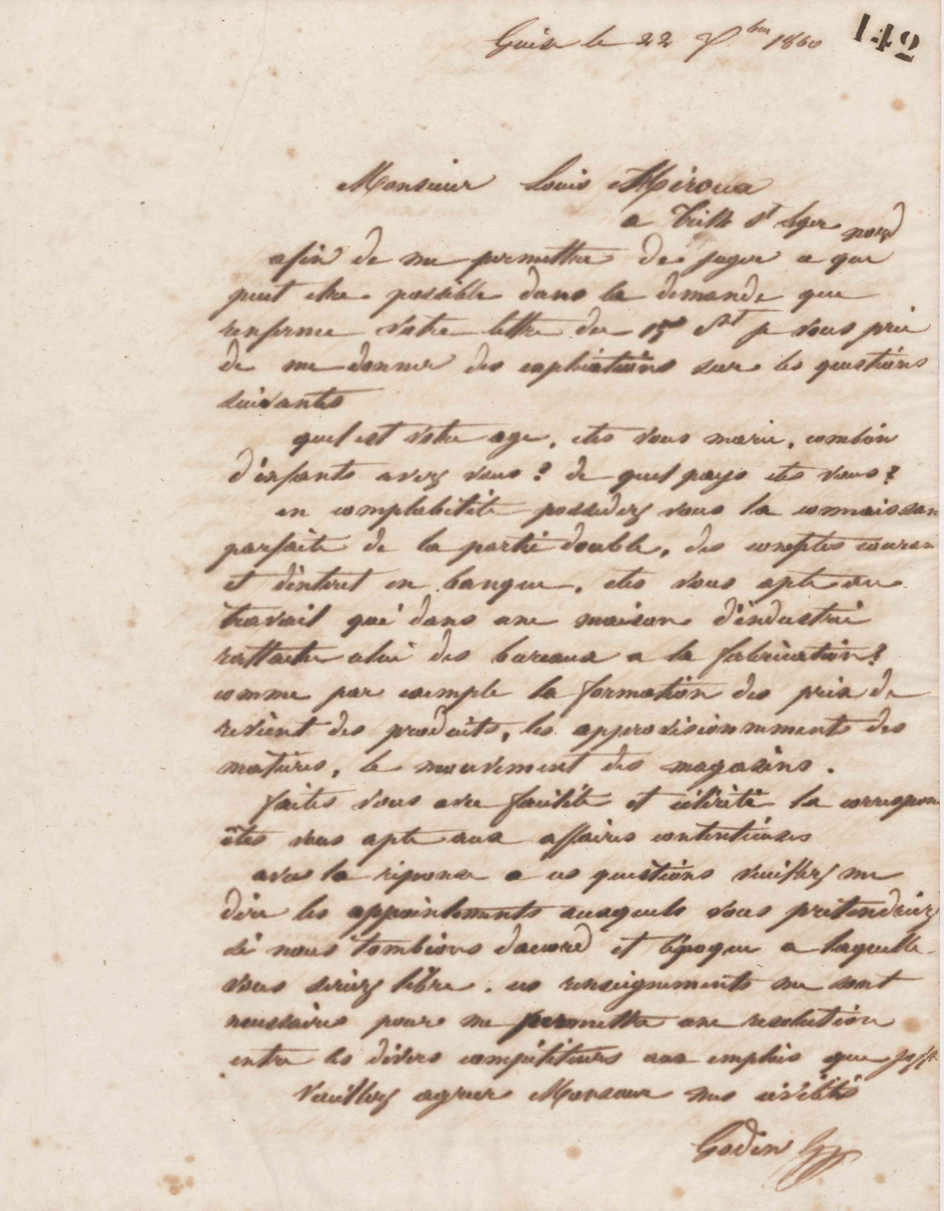 Jean-Baptiste André Godin à Louis Miroux, 22 décembre 1860