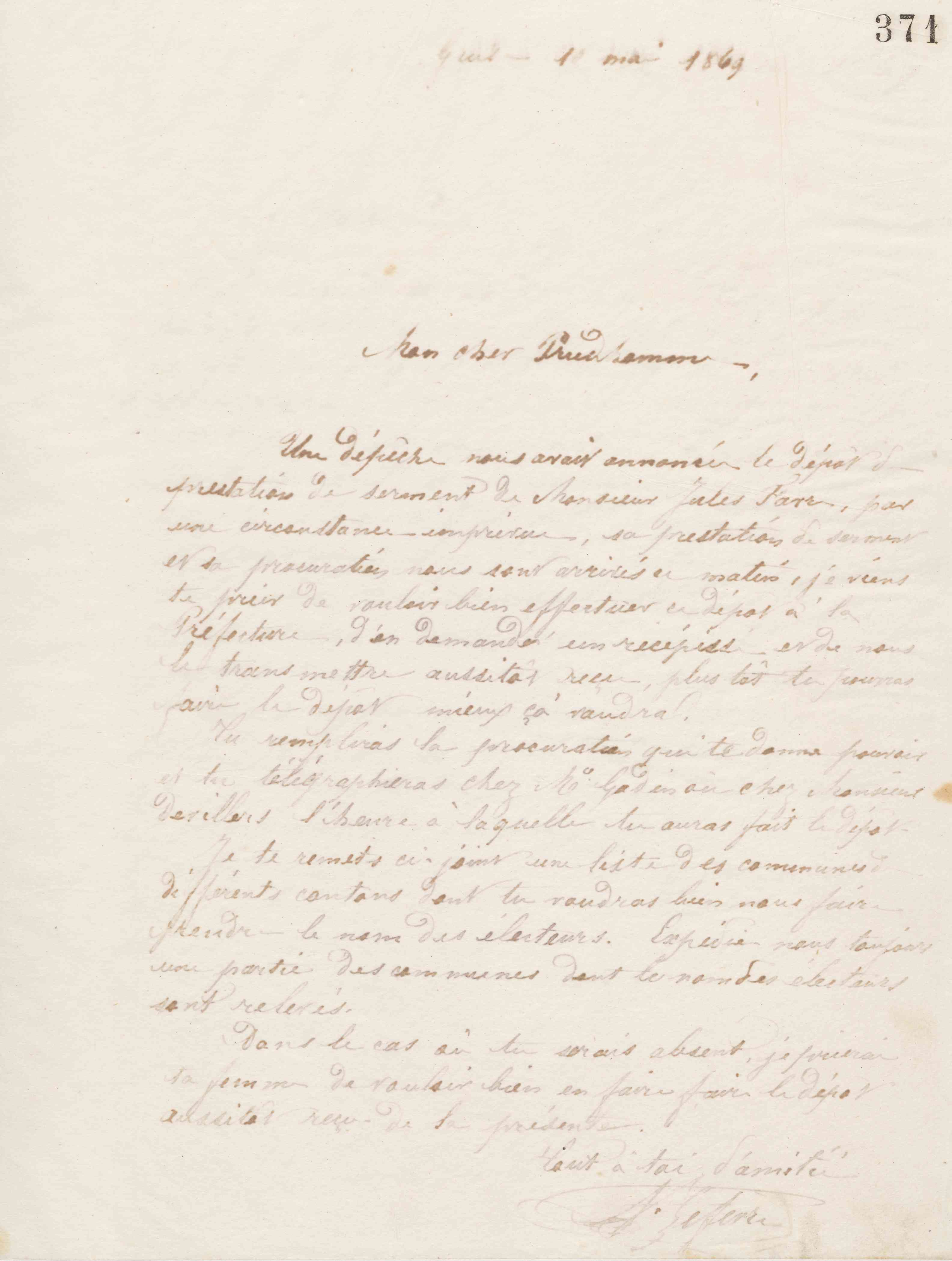 A. Lefèvre à monsieur Prudhomme, 10 mai 1869