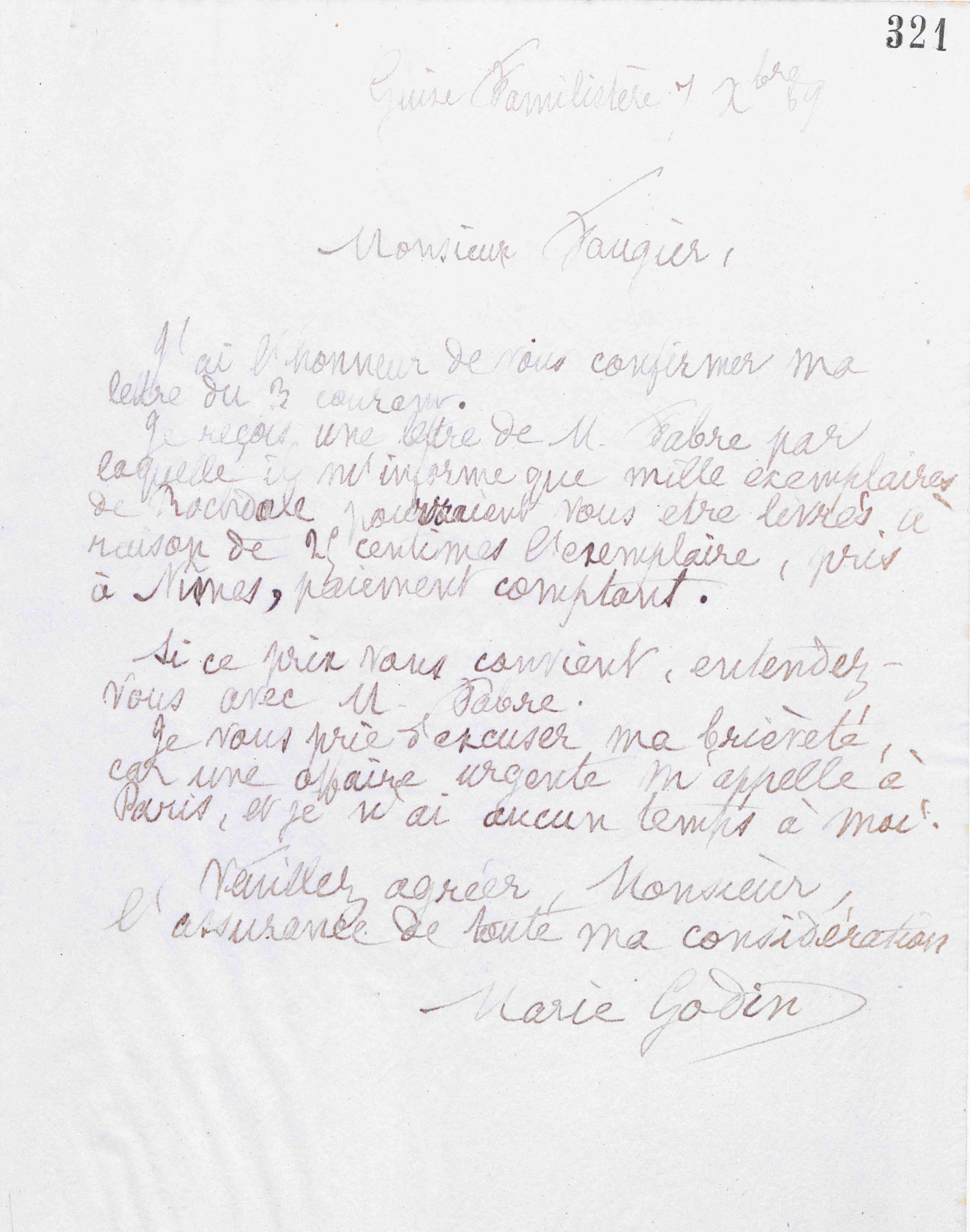Marie Moret à monsieur Faugier, 7 décembre 1889