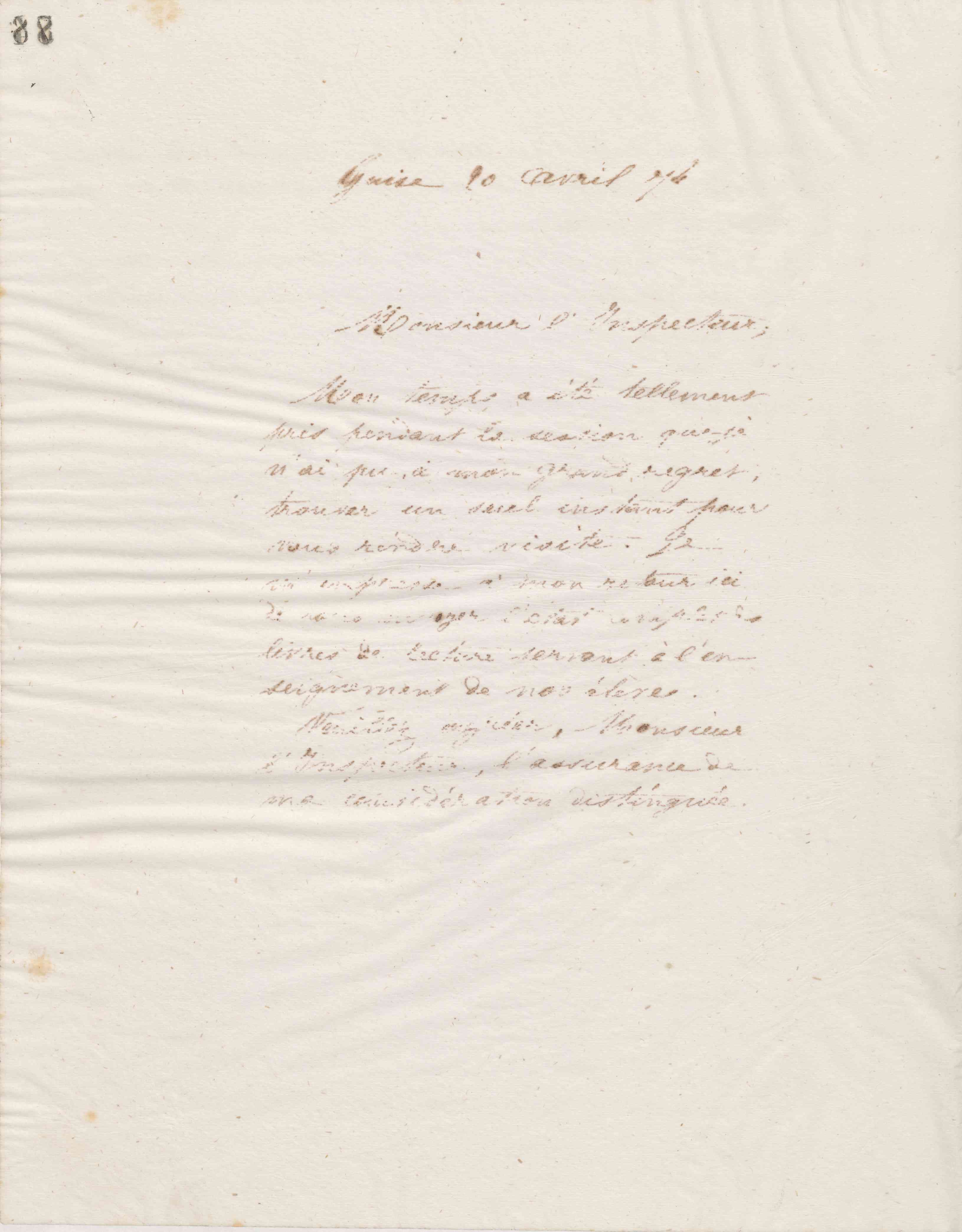 Jean-Baptiste André Godin à monsieur l'inspecteur d'académie, 20 avril 1874