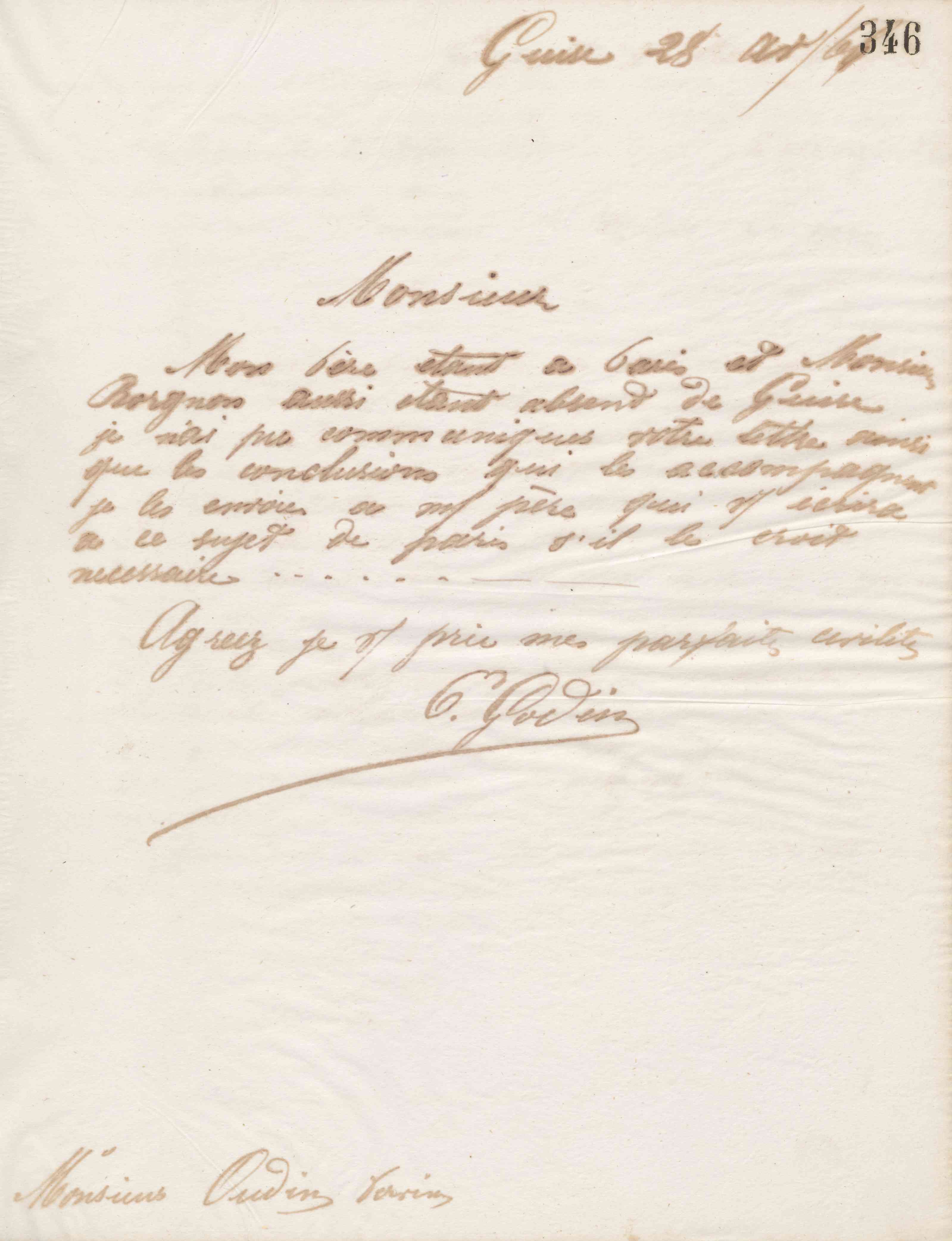 Émile Godin à Louis Oudin-Leclère, 28 avril 1866