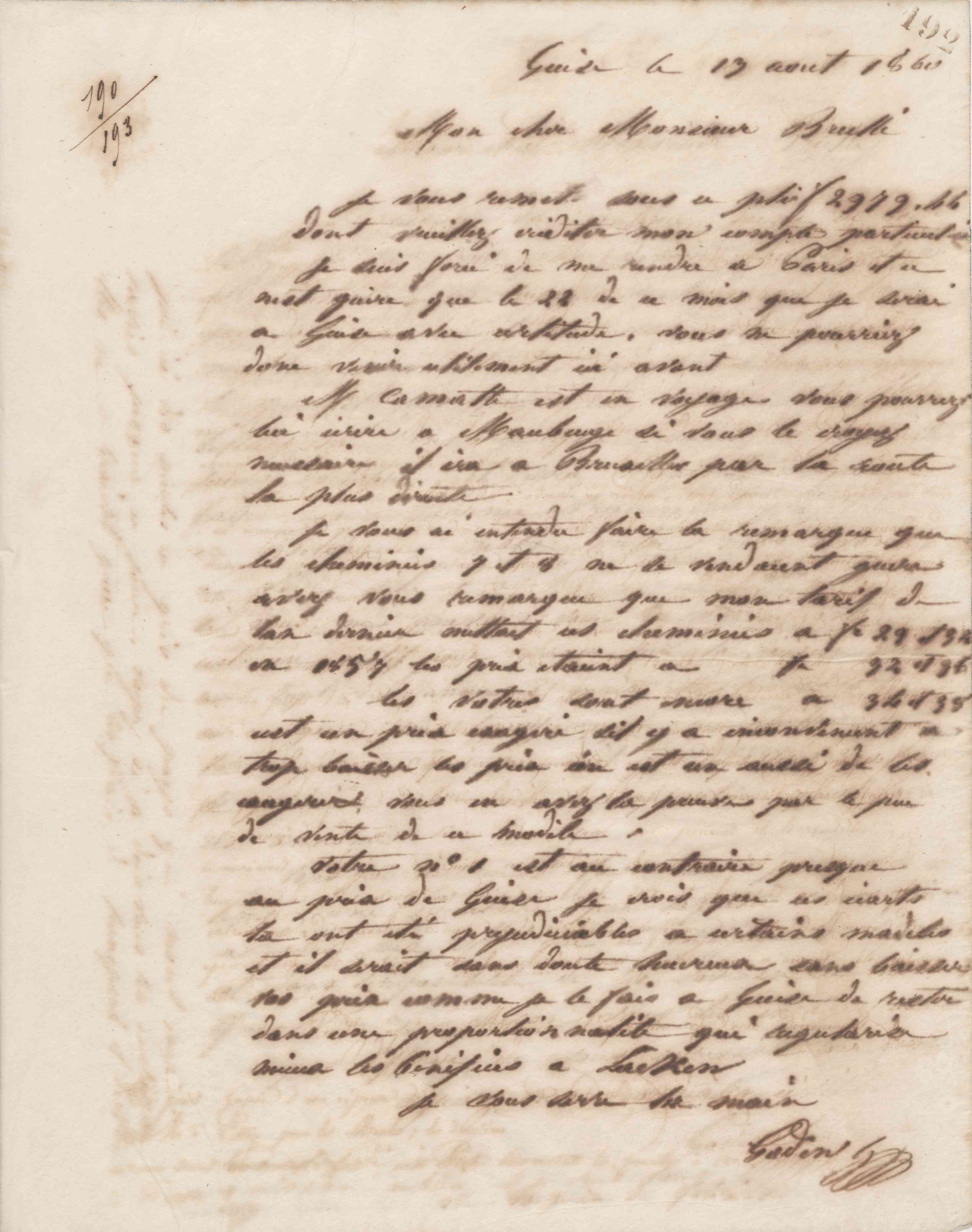 Jean-Baptiste André Godin à Alexandre Brullé, 15 août 1860 Jean-Baptiste André Godin à Alexandre Brullé, 15 août 1860