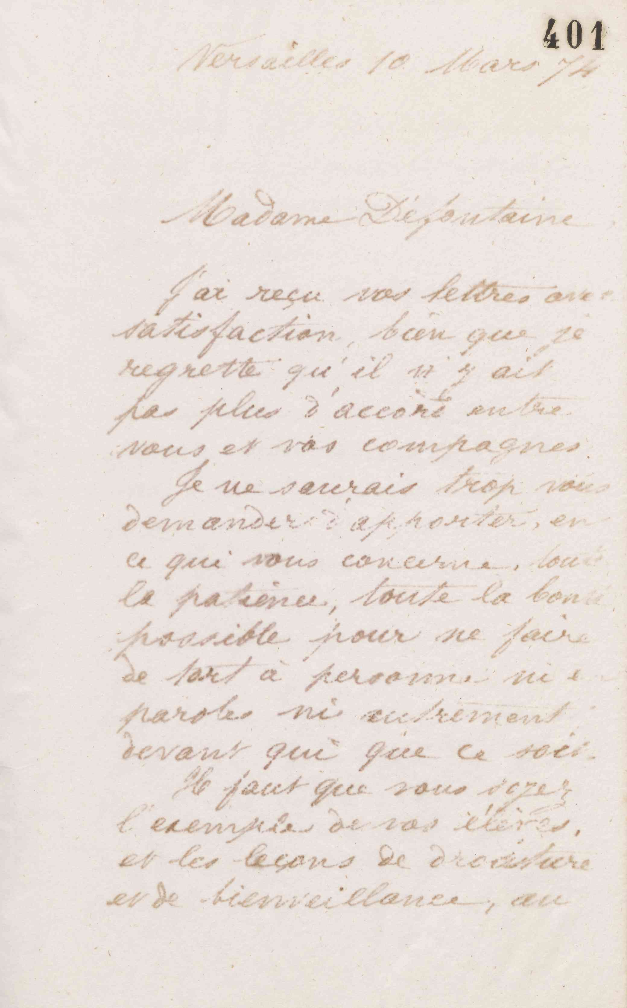Marie Moret à madame Défontaine, 10 mars 1874