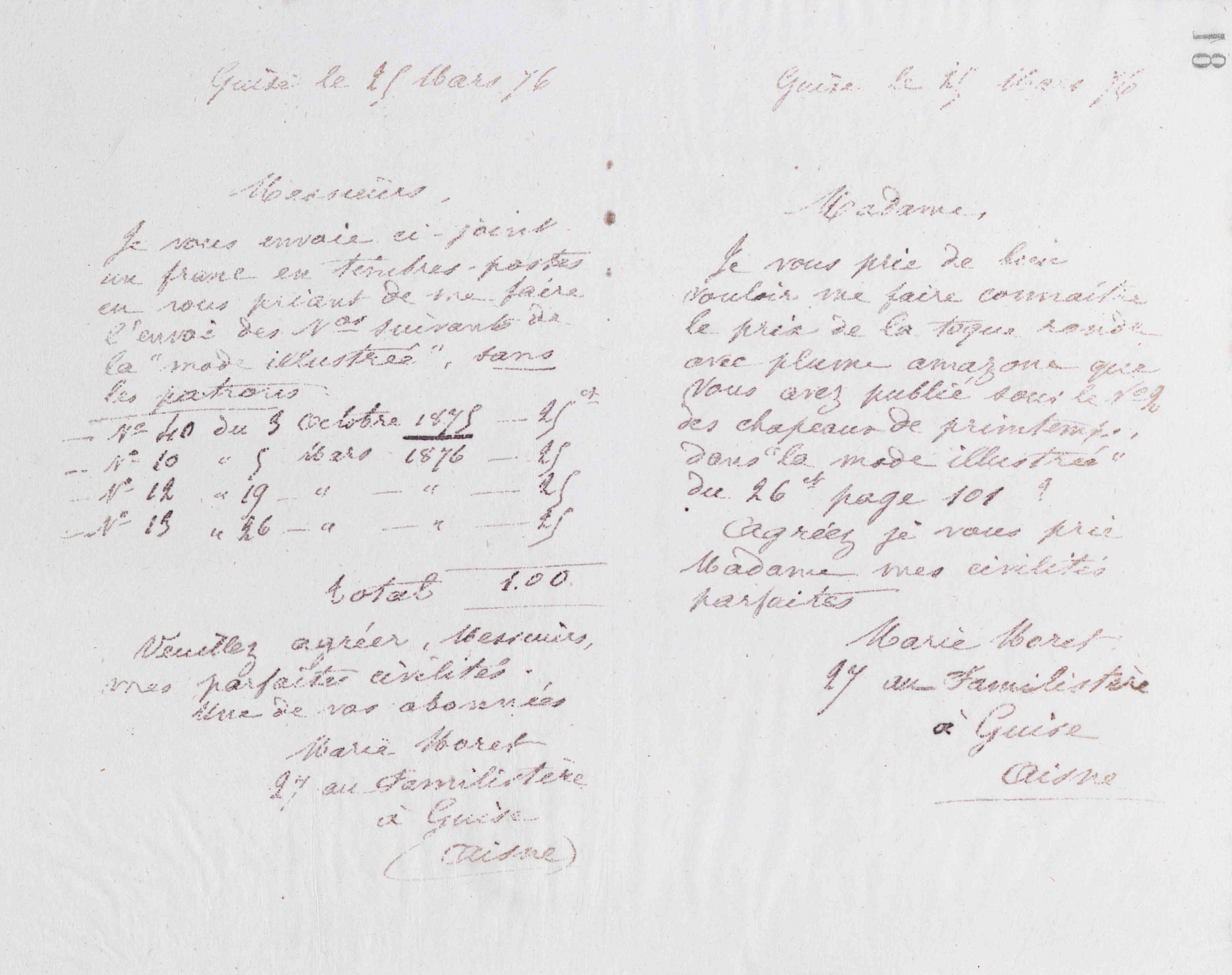 Marie Moret à madame Deloffre, 25 mars 1876