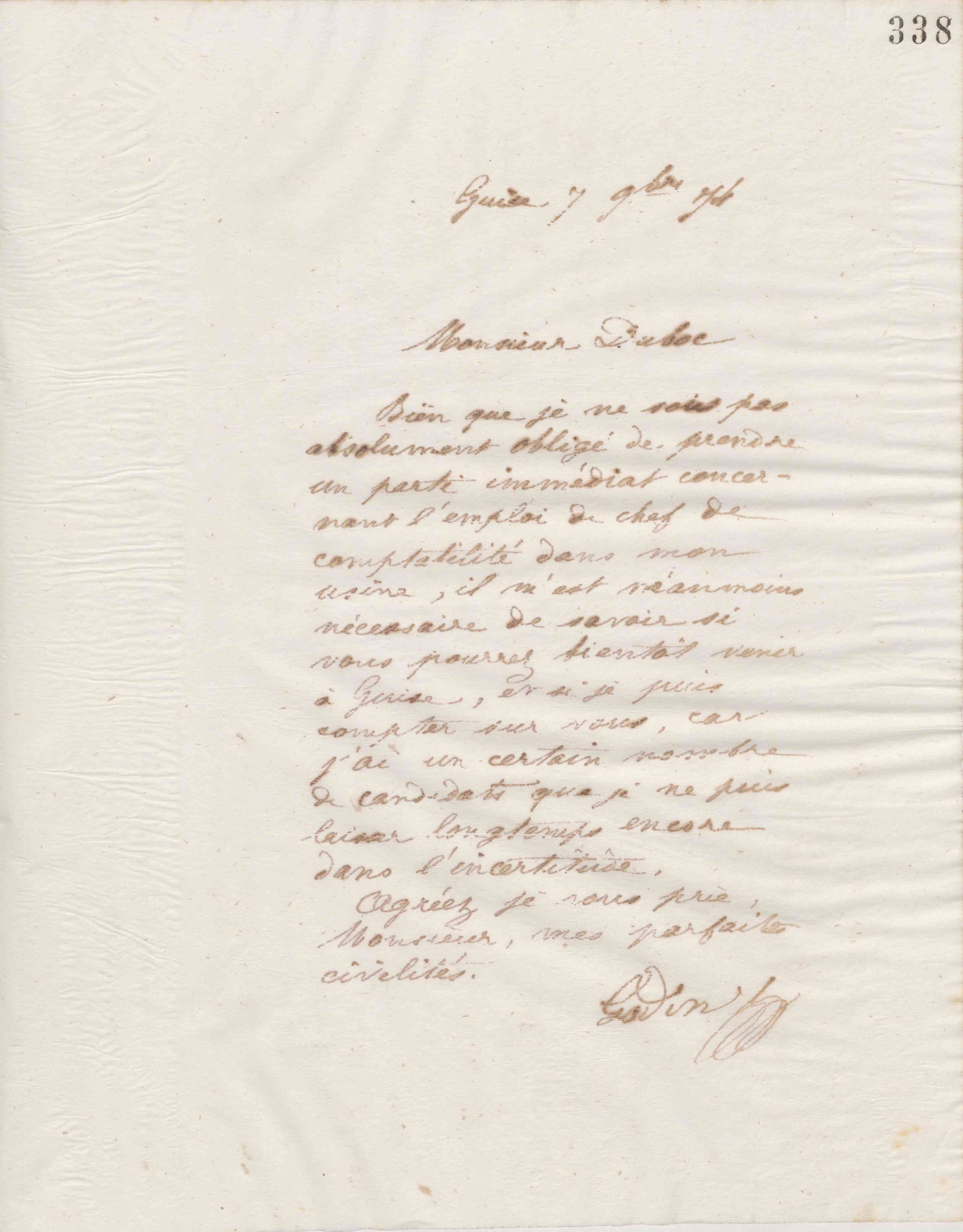 Jean-Baptiste André Godin à monsieur Duboc, 7 novembre 1874 Jean-Baptiste André Godin à monsieur Duboc, 7 novembre 1874