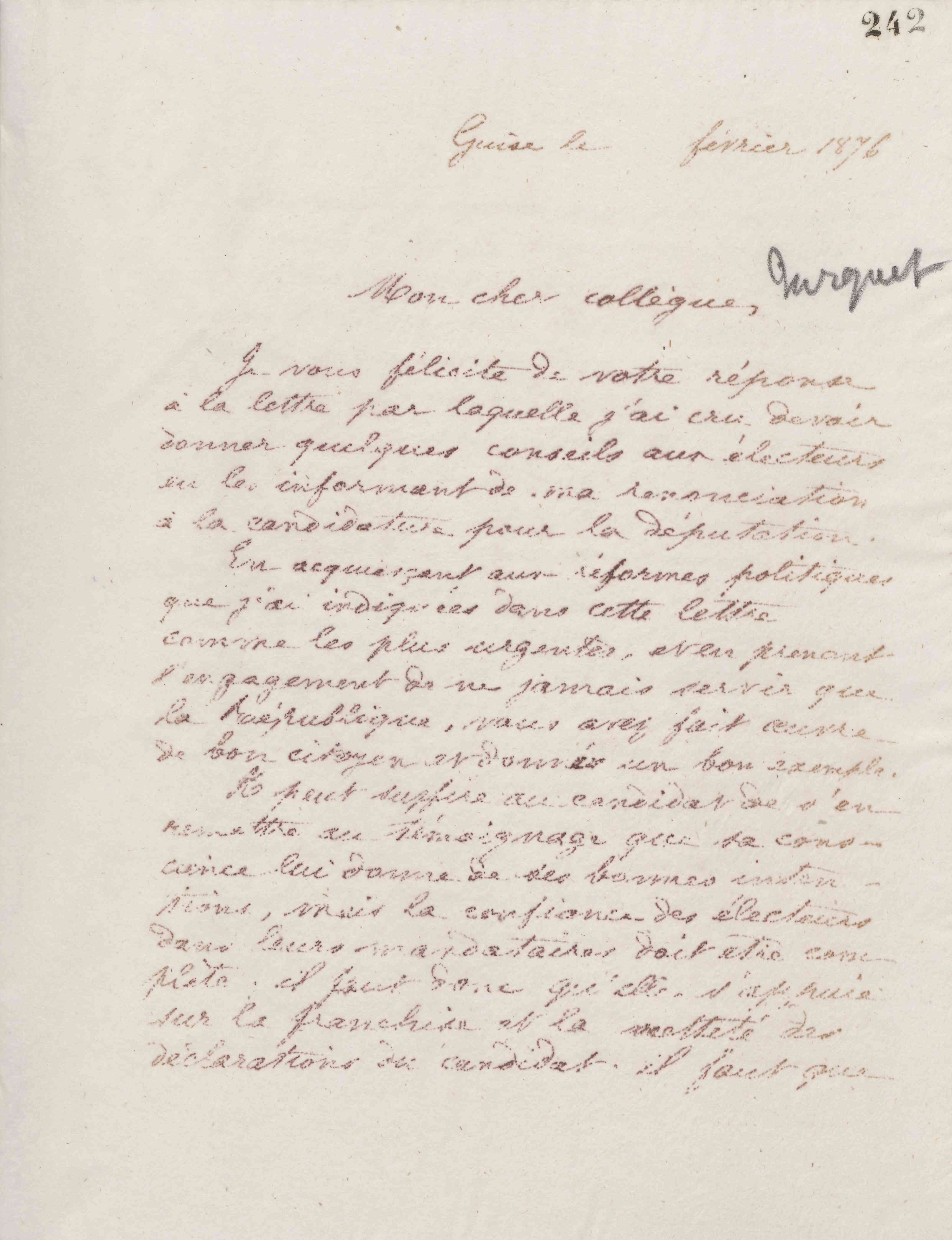 Jean-Baptiste André Godin à Edmond Turquet, vers le 7 février 1876