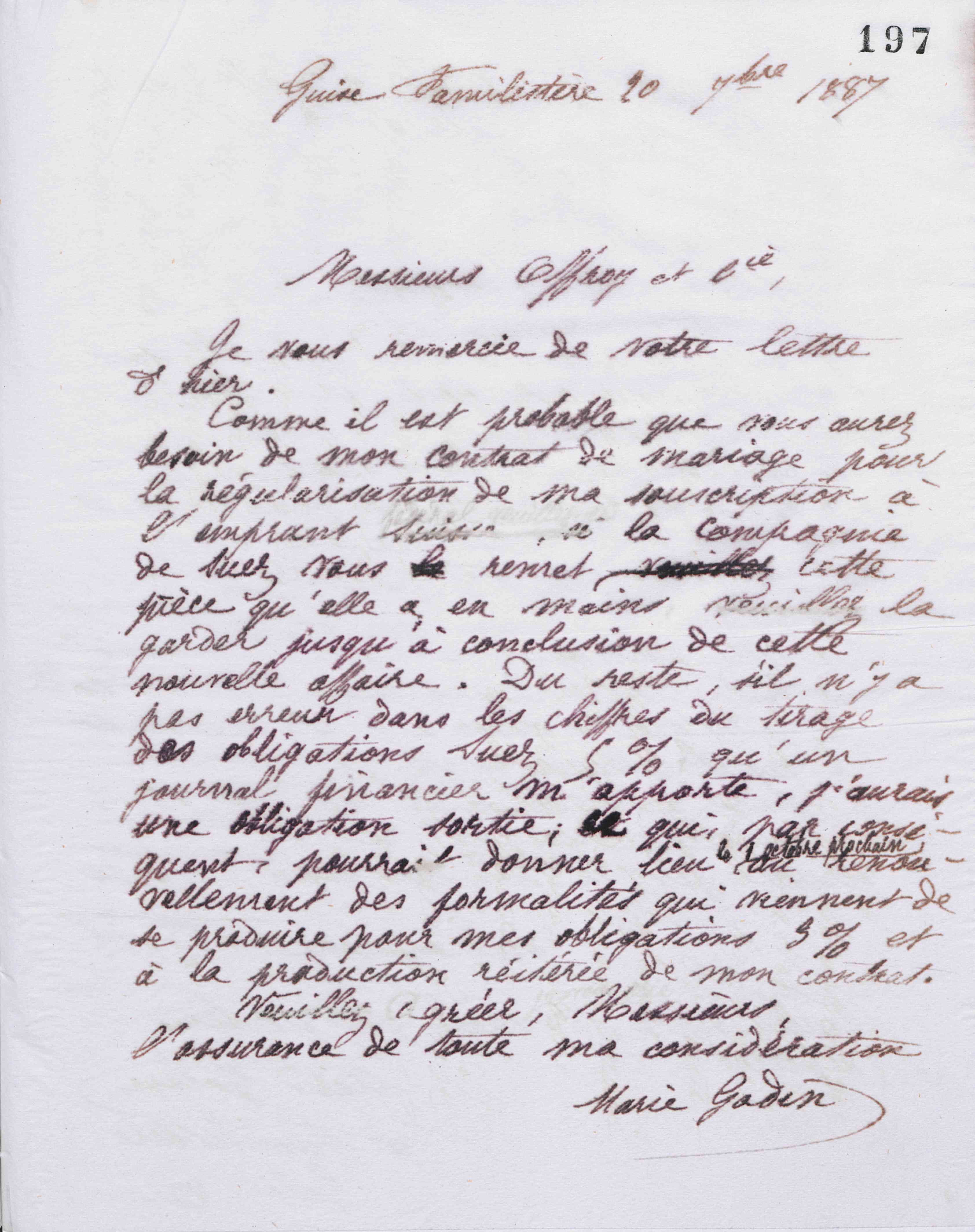 Marie Moret à Offroy et Cie, 20 septembre 1887