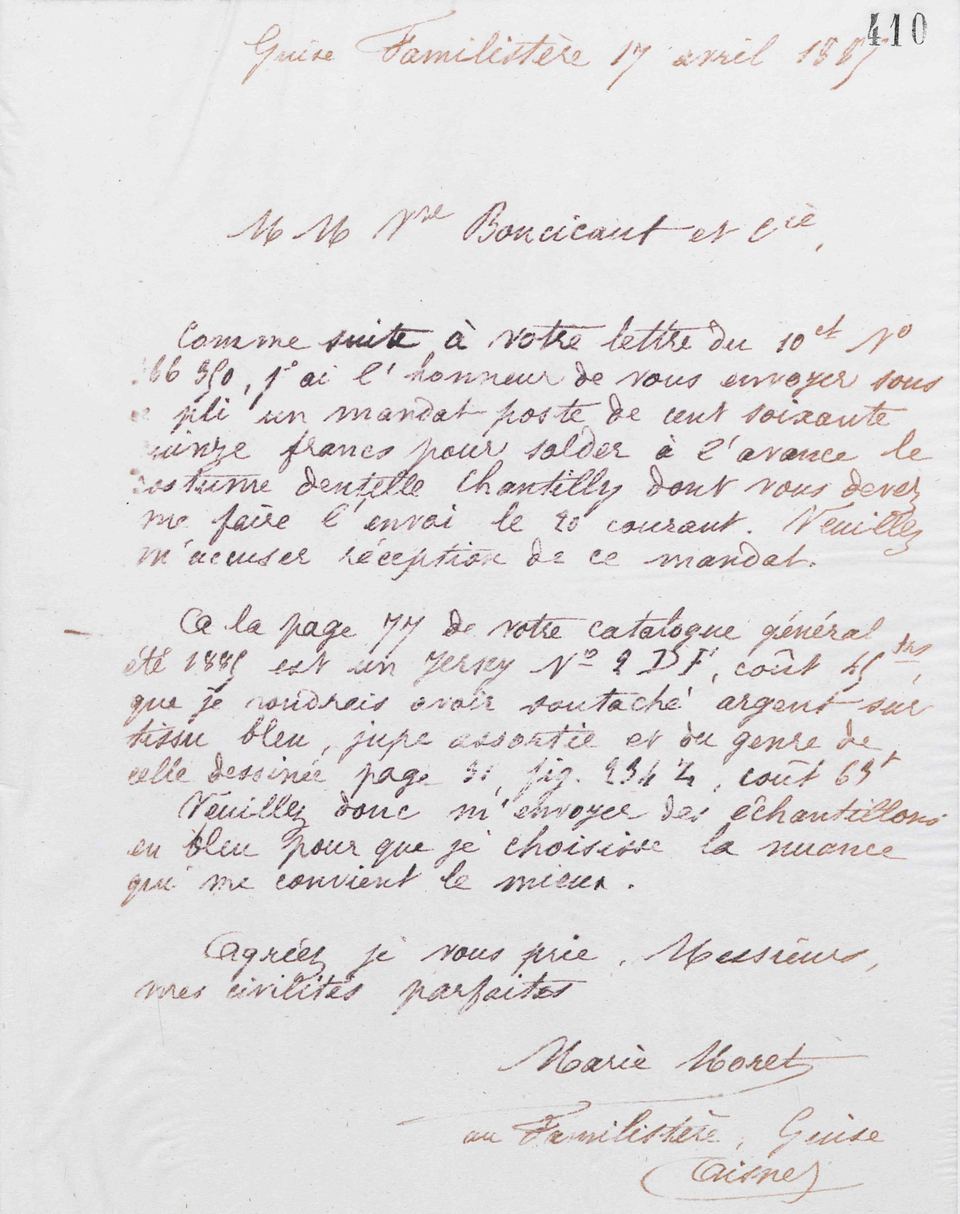 Marie Moret au Bon Marché, 17 avril 1885