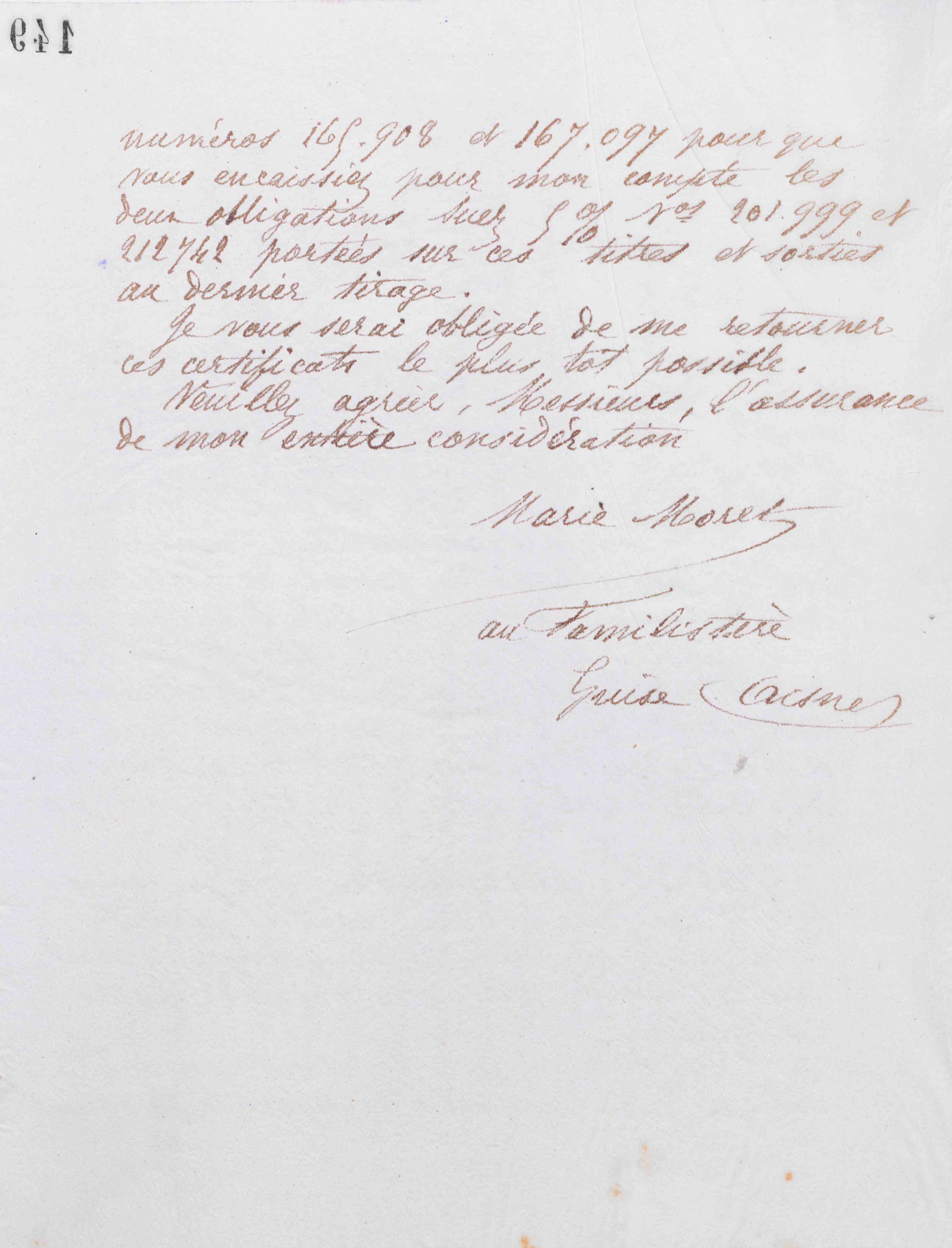 Marie Moret à Offroy et Cie, 7 janvier 1886 Marie Moret à Offroy et Cie, 7 janvier 1886