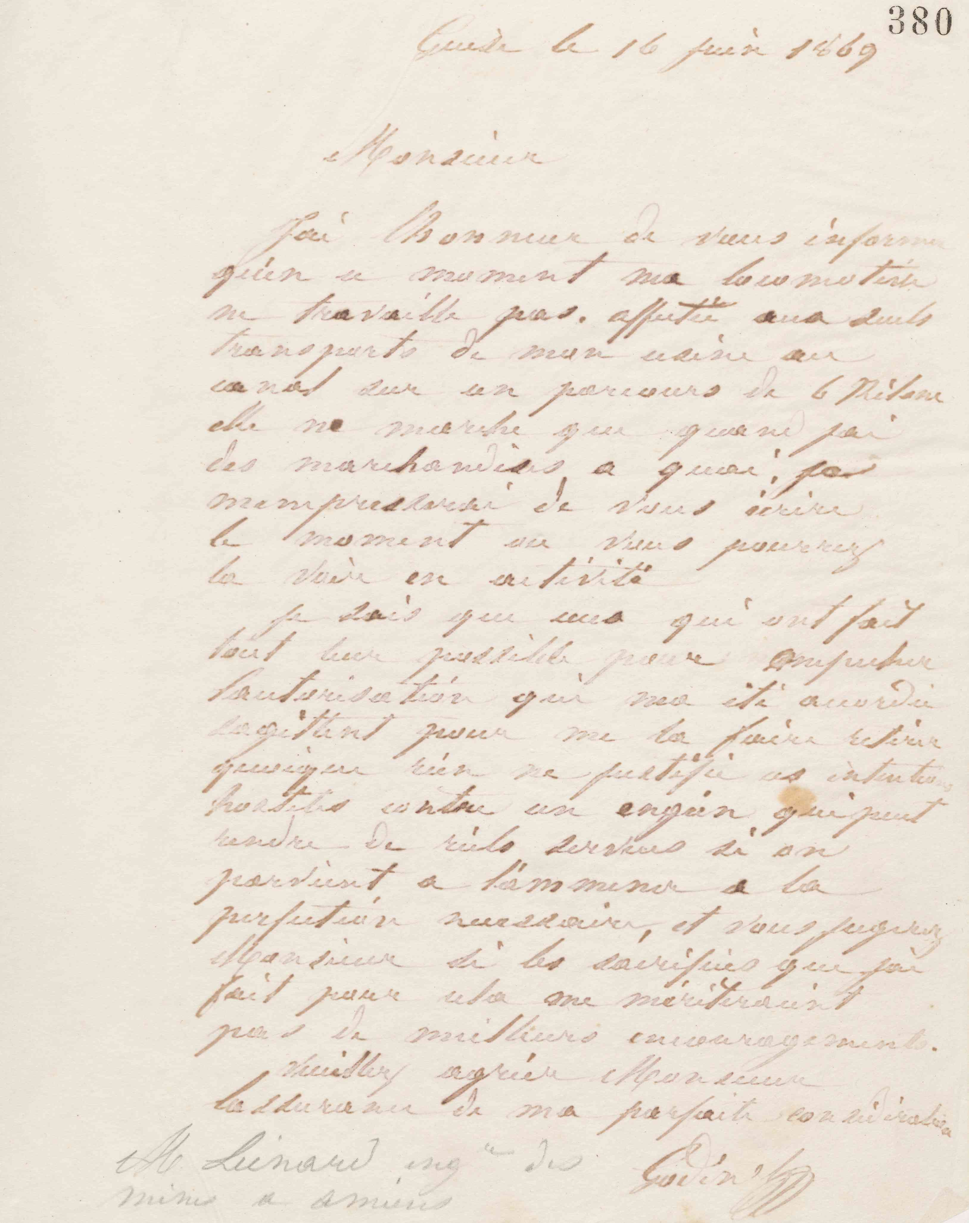 Jean-Baptiste André Godin à monsieur Liénard, 16 juin 1869
