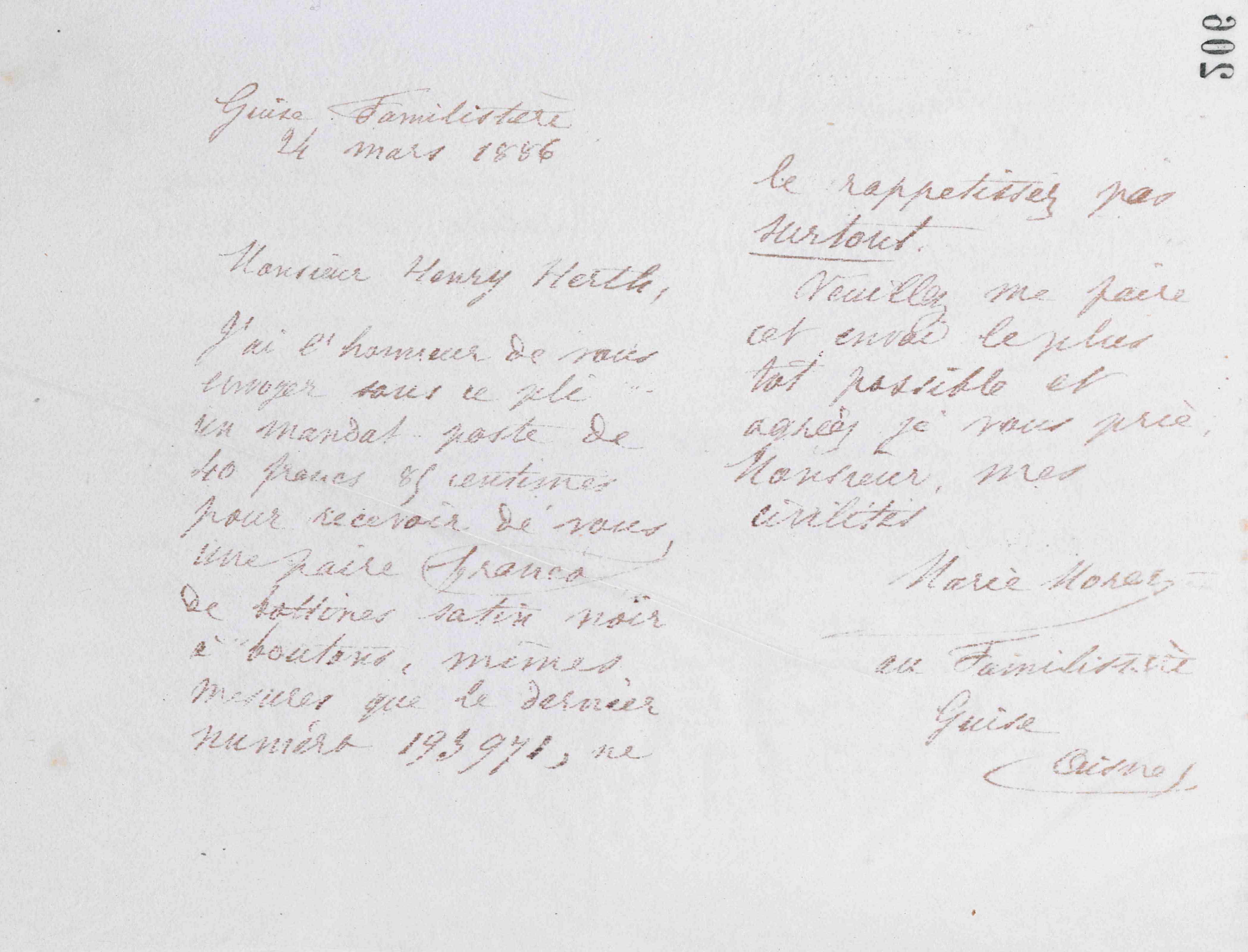 Marie Moret à Henry Herth, 24 mars 1886